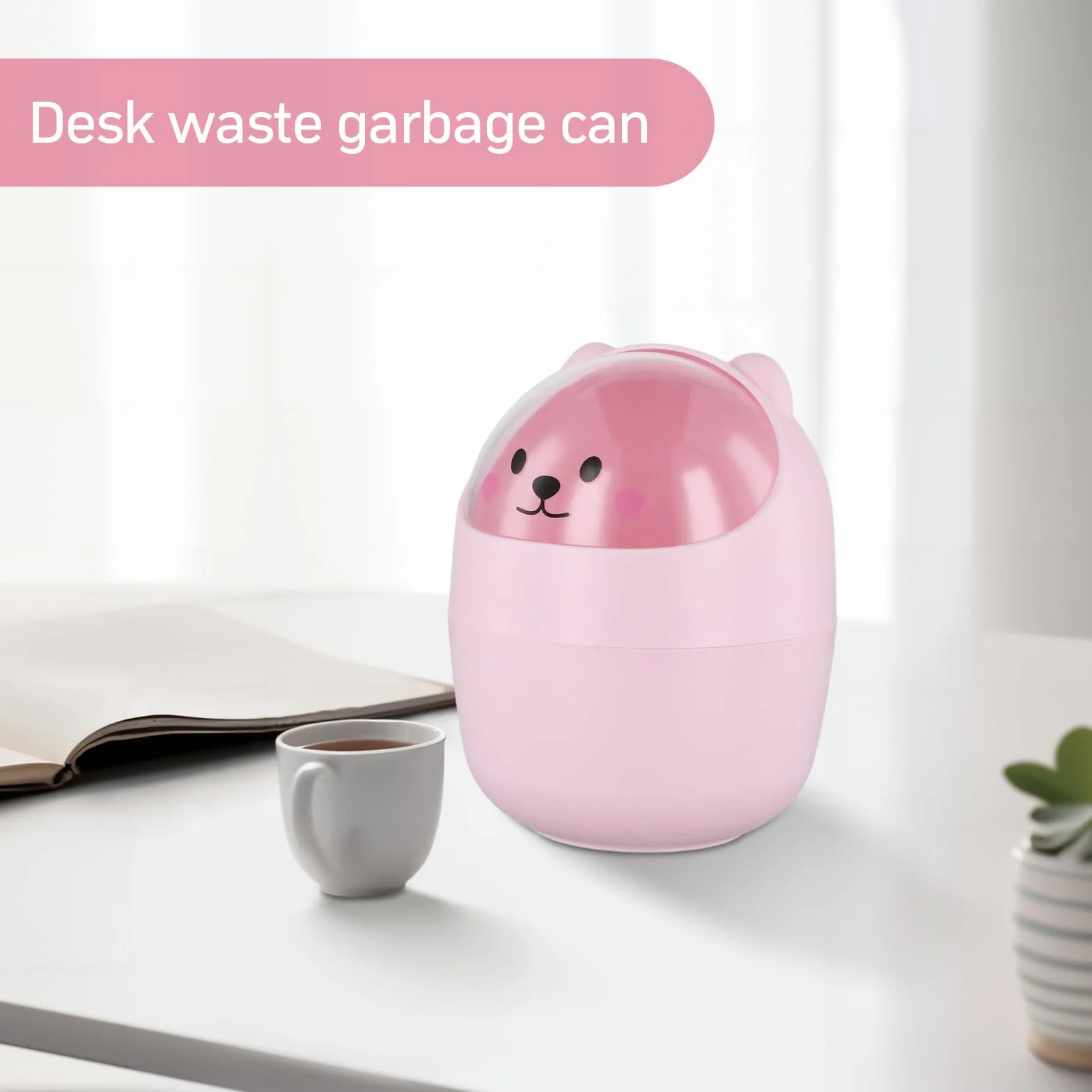 Poubelle de Table Ministère avec Couvercle, Porte Stylo Amovible, Corbeille à Papier Plastique Rose