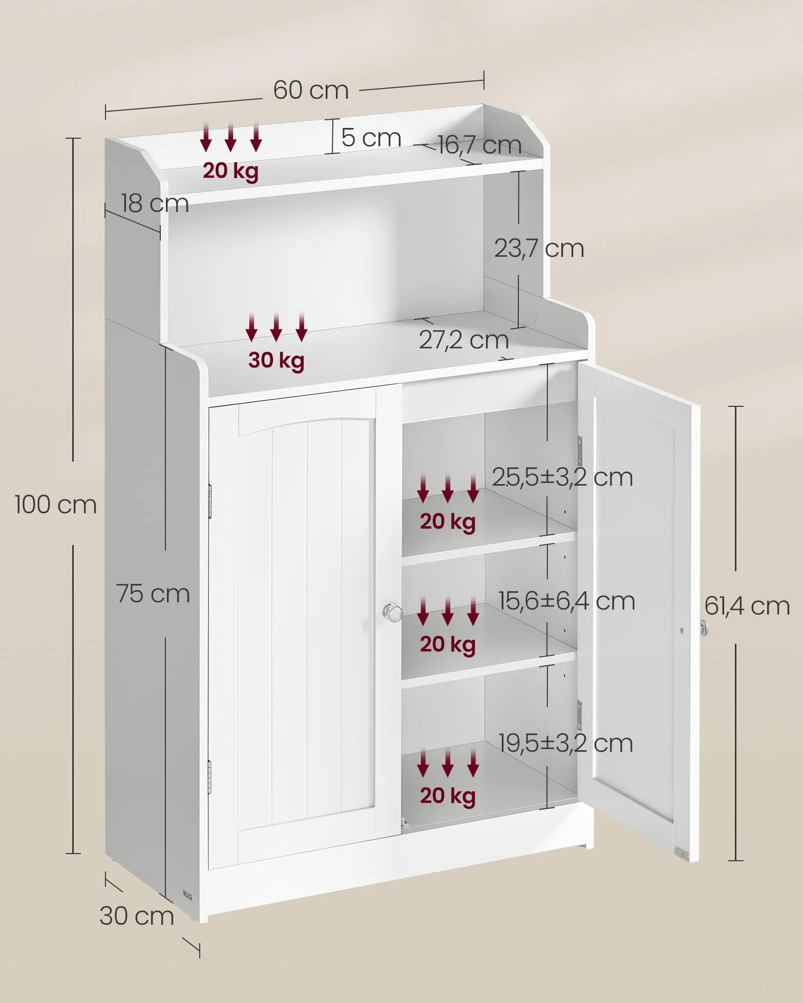 VASAGLE 100 cm de Hauteur Meuble de Salle de Bain, Meuble de Rangement, Armoire, 2 Portes, 2 Étagères Réglables, pour Salle à Manger, Cuisine, Salon, Blanc Nuage BBC770W01