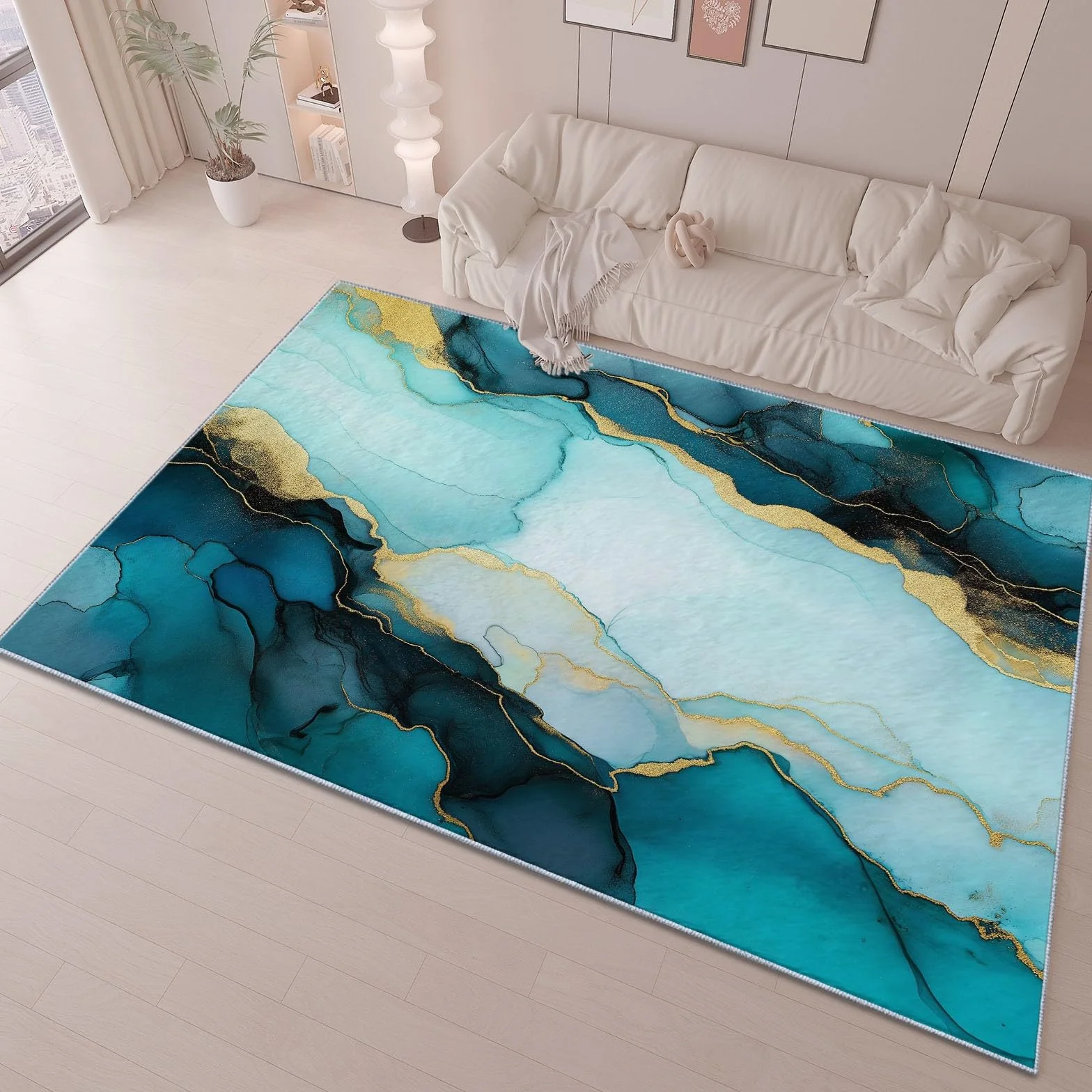 Tapis Salon Motif Marbre Ondulé Aquarelle Lavable en Machine Antidérapant 60 x 110 cm