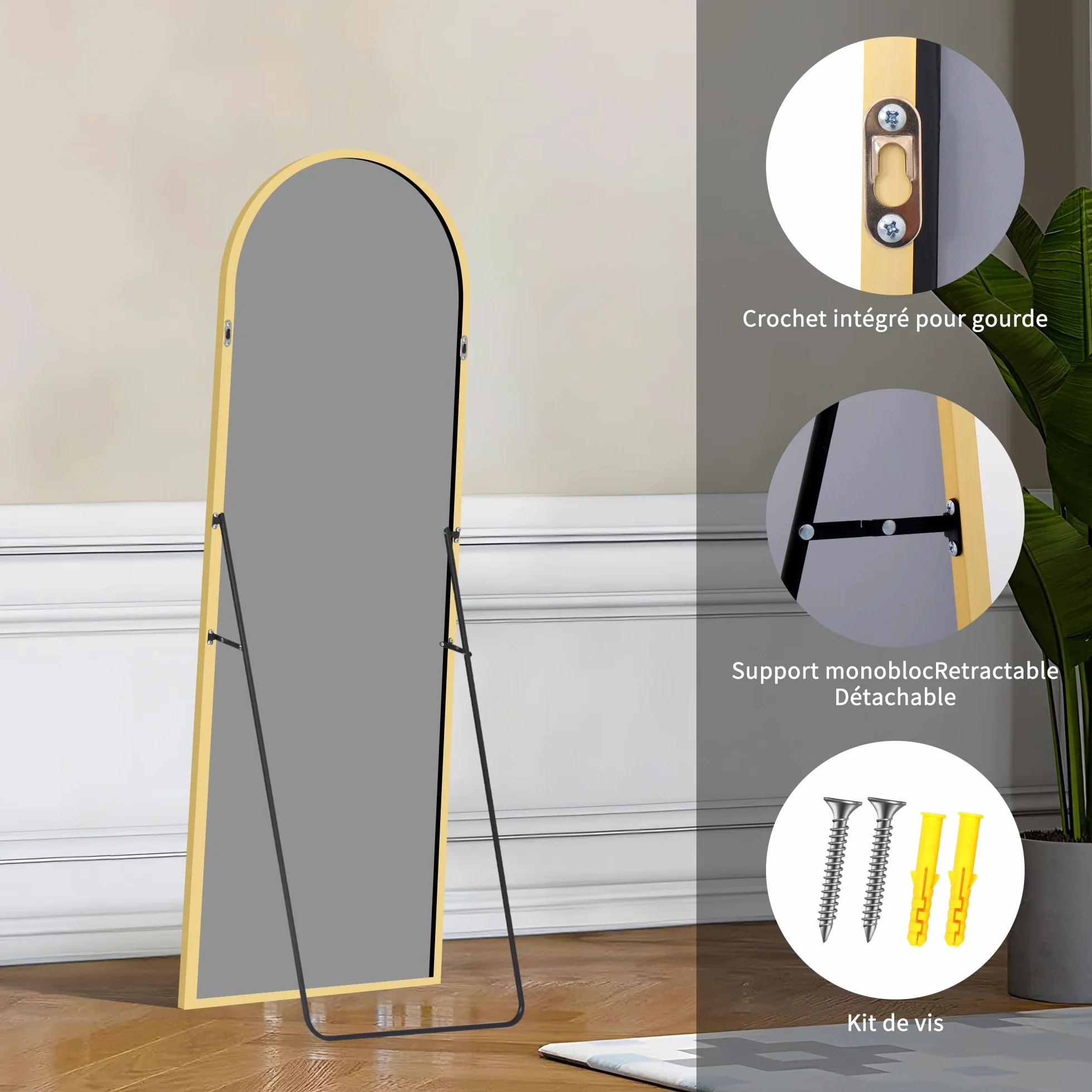 KOCUUY Miroir sur Pied Arqué, 150 x 40 cm Grand Miroir Mural avec Cadre en Aluminium Doré à Suspendre, à Poser, à Appuyer, pour Salon, Chambre, Couloir