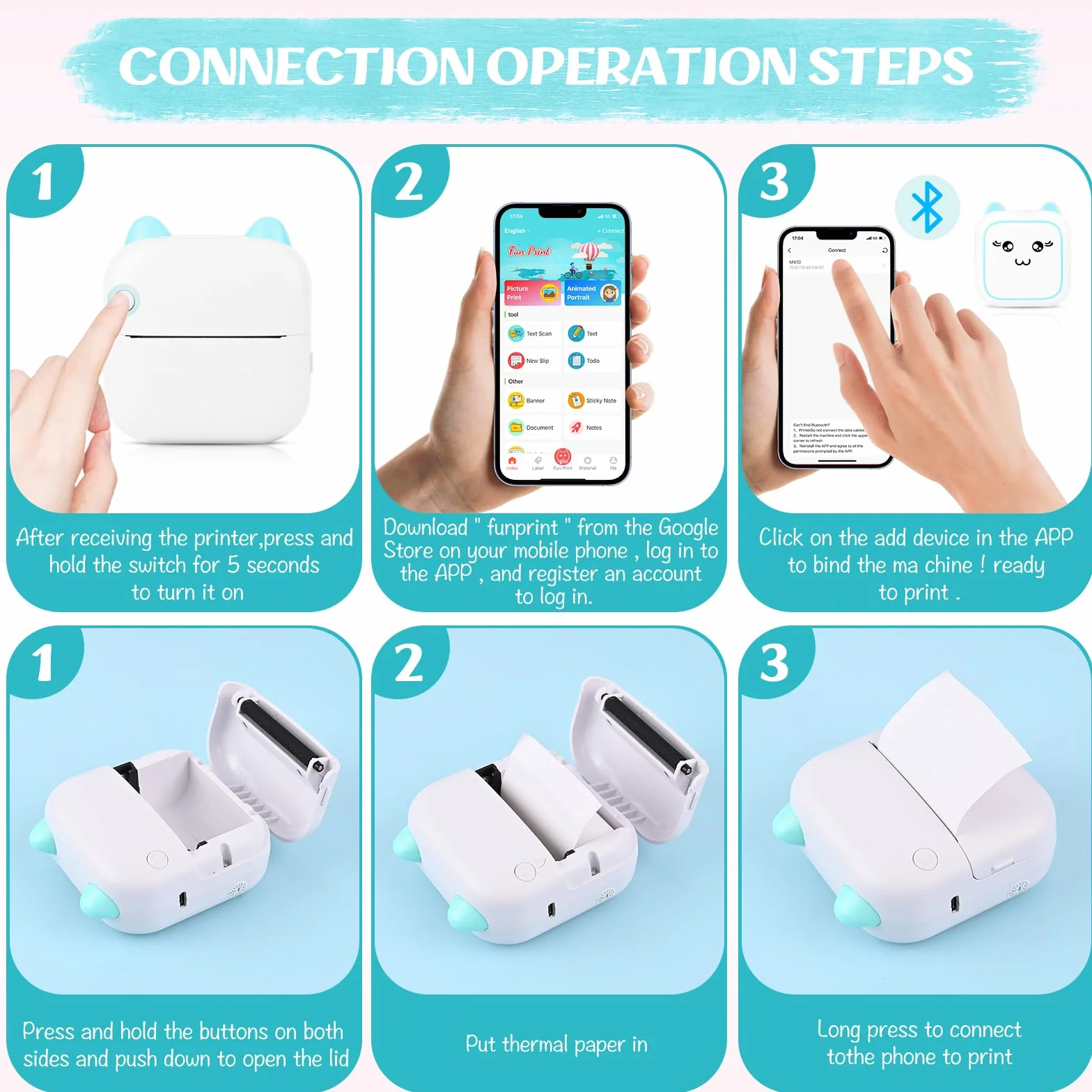 Comuis Sharp Mini Imprimante Photo Portable, Imprimante Thermique Instantanée sans Fil Bluetooth avec 10 Rouleaux de Papier