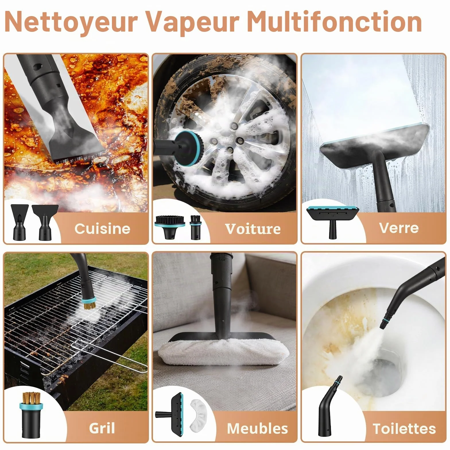 Nettoyeur Vapeur, Nettoyeur à Vapeur Portable 1500W Basse Pression, Chauffage Rapide 15s, Réservoir d’eau 1,8L, 12 Accessoires Inclus,Cuisine & Voiture, Blanc（Appuyez longuement sur 3s pour démarrer）