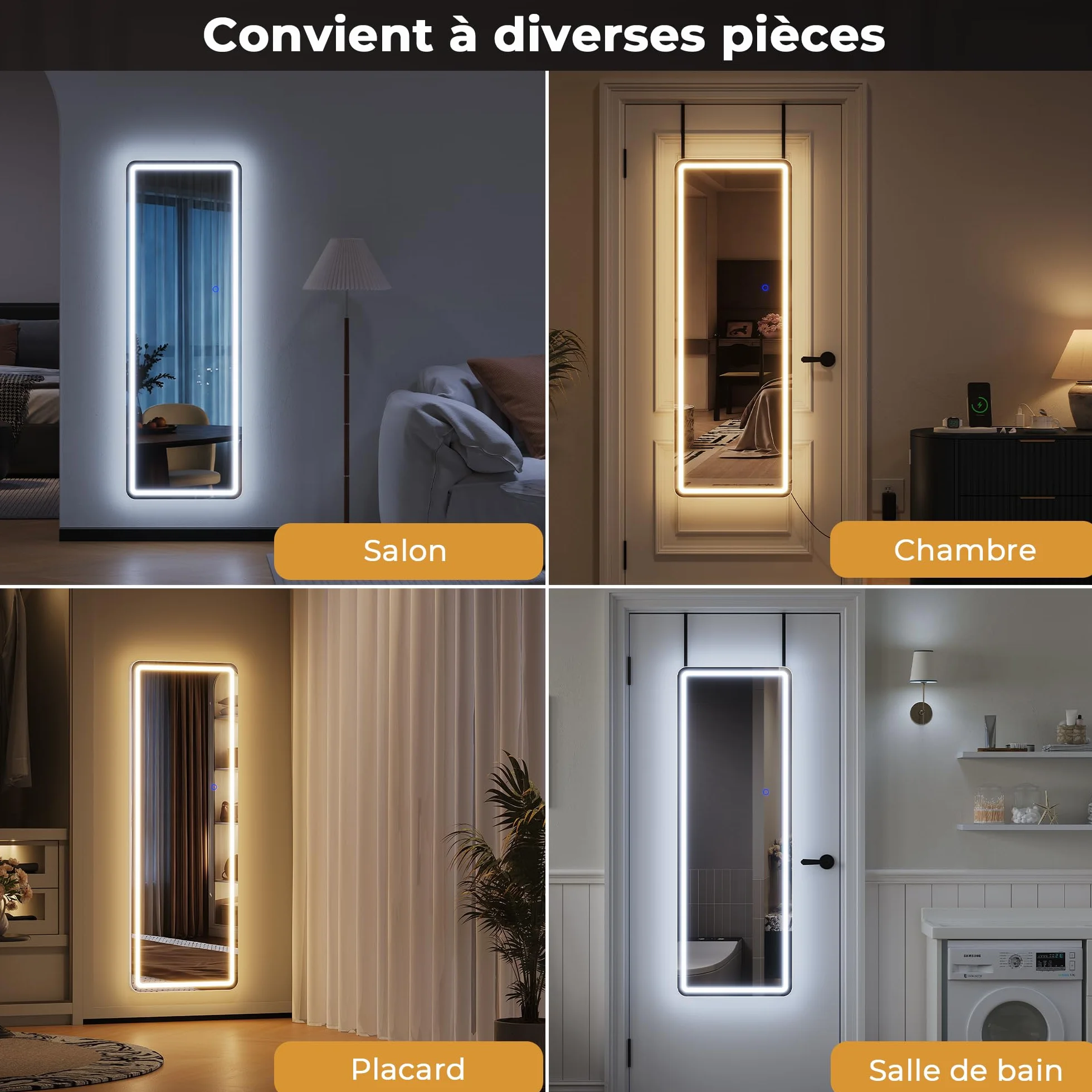 LED Miroir Mural 120x37cm Pleine Longueur avec Lumière Grand Miroir de Porte Suspendu Blanc