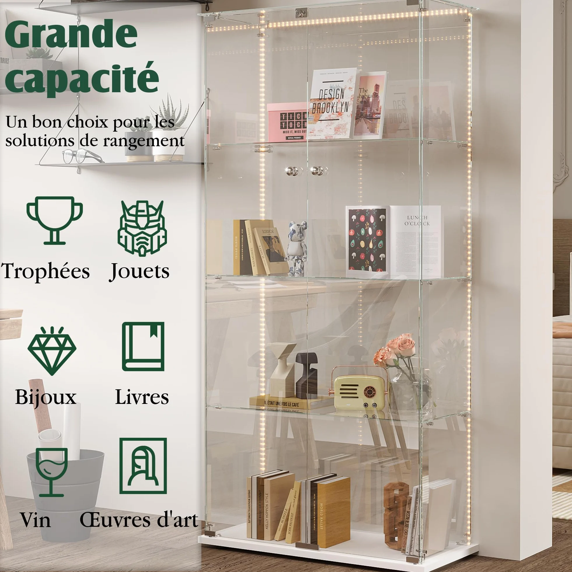 FEEOHOME Vitrine en Verre avec LED, vitrine de Collection en Verre, Transparent vitrine avec 4 Couches avec 2 Portes, sur Pied Vitrines trempé pour Salon, Chambre à Coucher Blanc