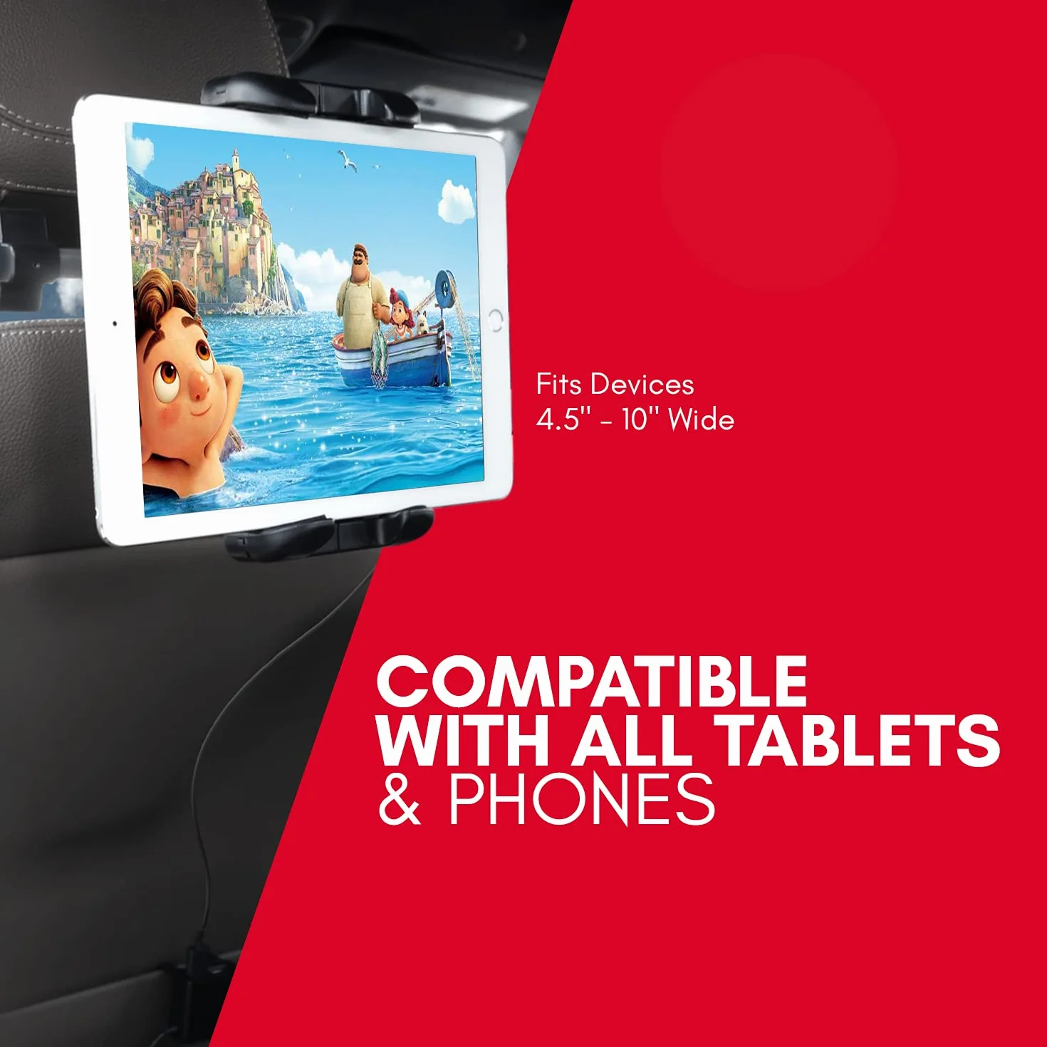 Macally HRMOUNTPRO4UAC, podwójny tryb montażu na zagłówek tabletu z ładowarką USB do siedzenia samochodowego z przodu i z tyłu, do iPada i innych tabletów, Nintendo Switch itp