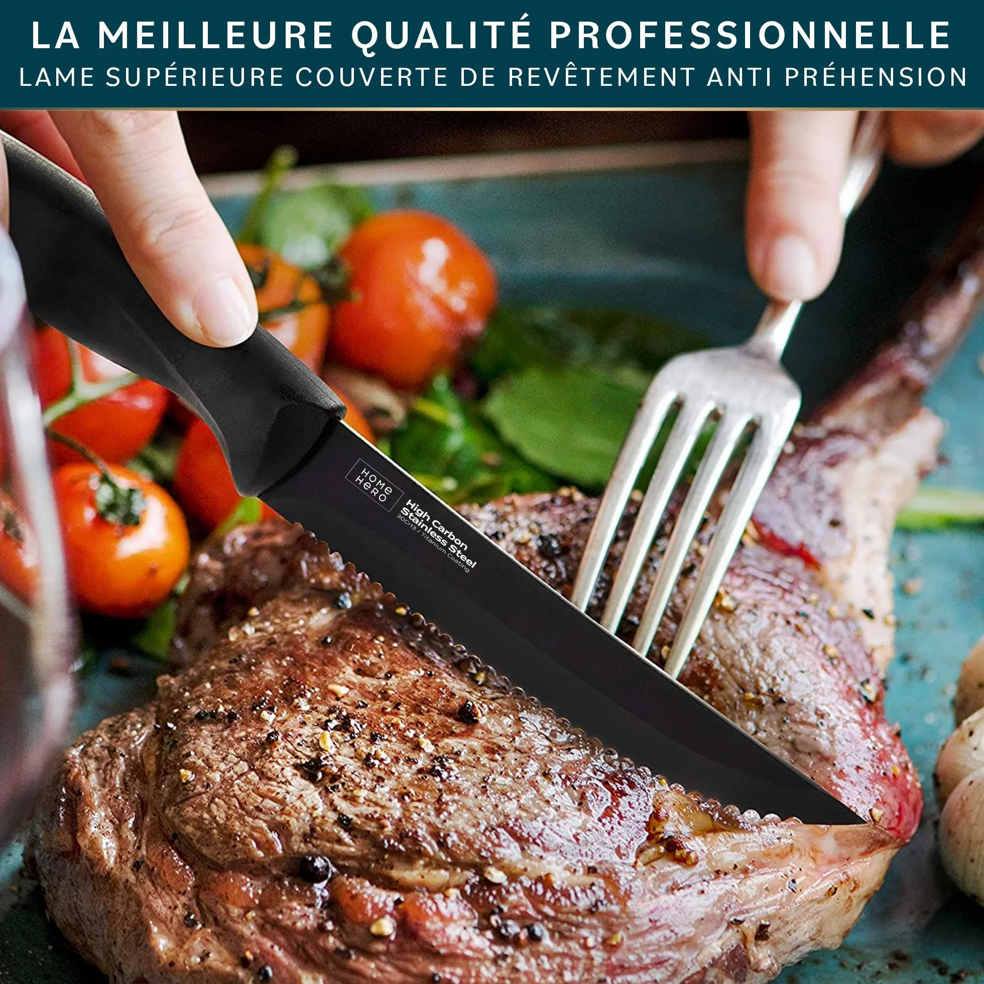 Couteaux à Steak Acier Inoxydable Lame Dentelée 21 cm Lot de 8 Noir - Couteaux de Table Viande