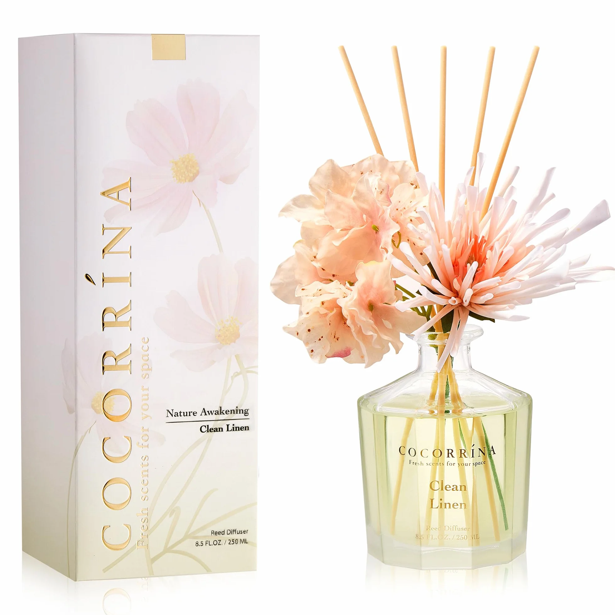 COCORRÍNA Reed Diffuser Linge Propre 250ml 8 Bâtonnets Diffuseur Parfum Maison