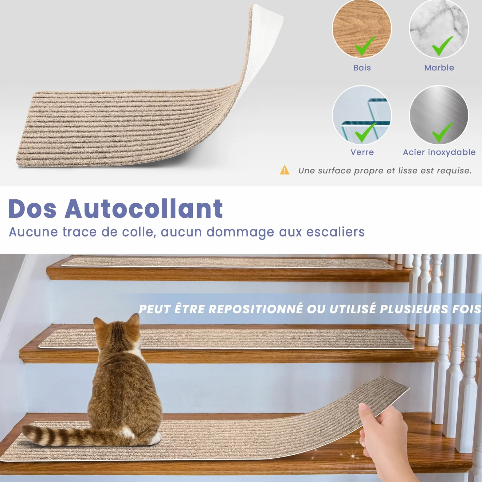 Tapis d'Escalier Antidérapant Lot de 15 Marchettes Autocollantes 76 x 20 cm Beige
