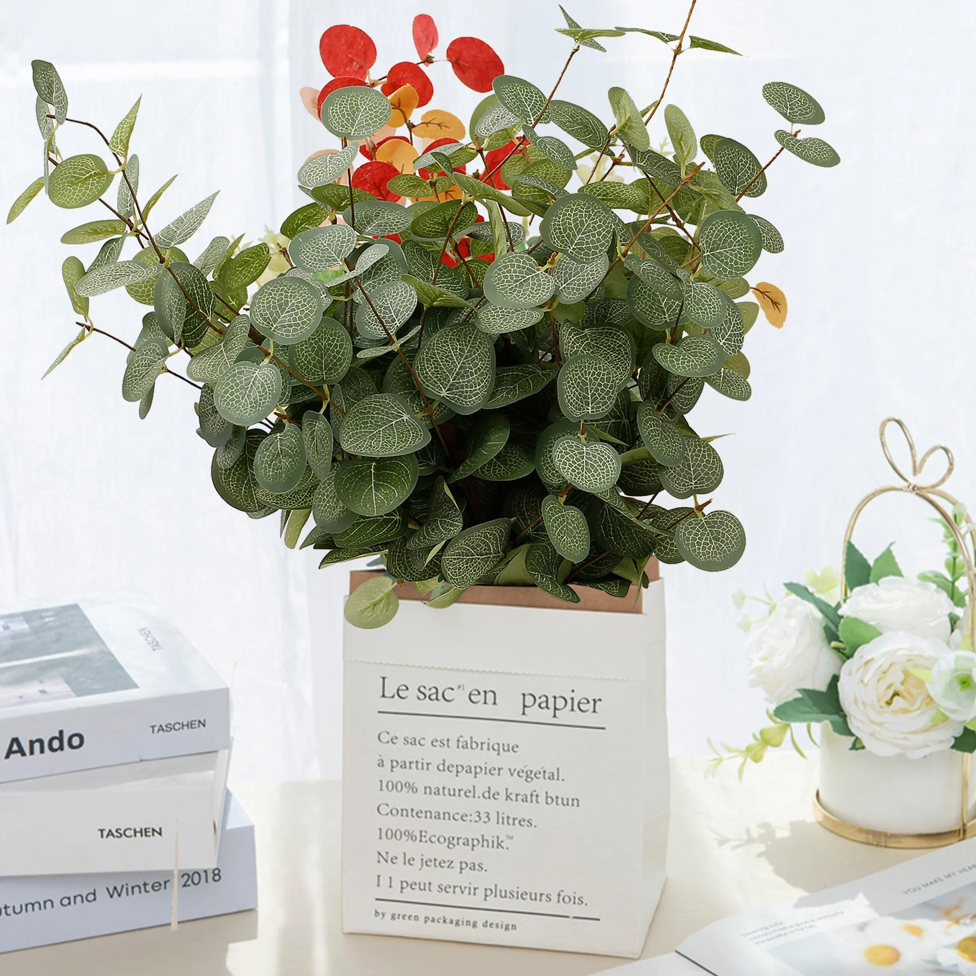 Lot de 6 Bouquets de Fleurs d'Eucalyptus Artificielles, Tiges en Soie pour Décoration Florale
