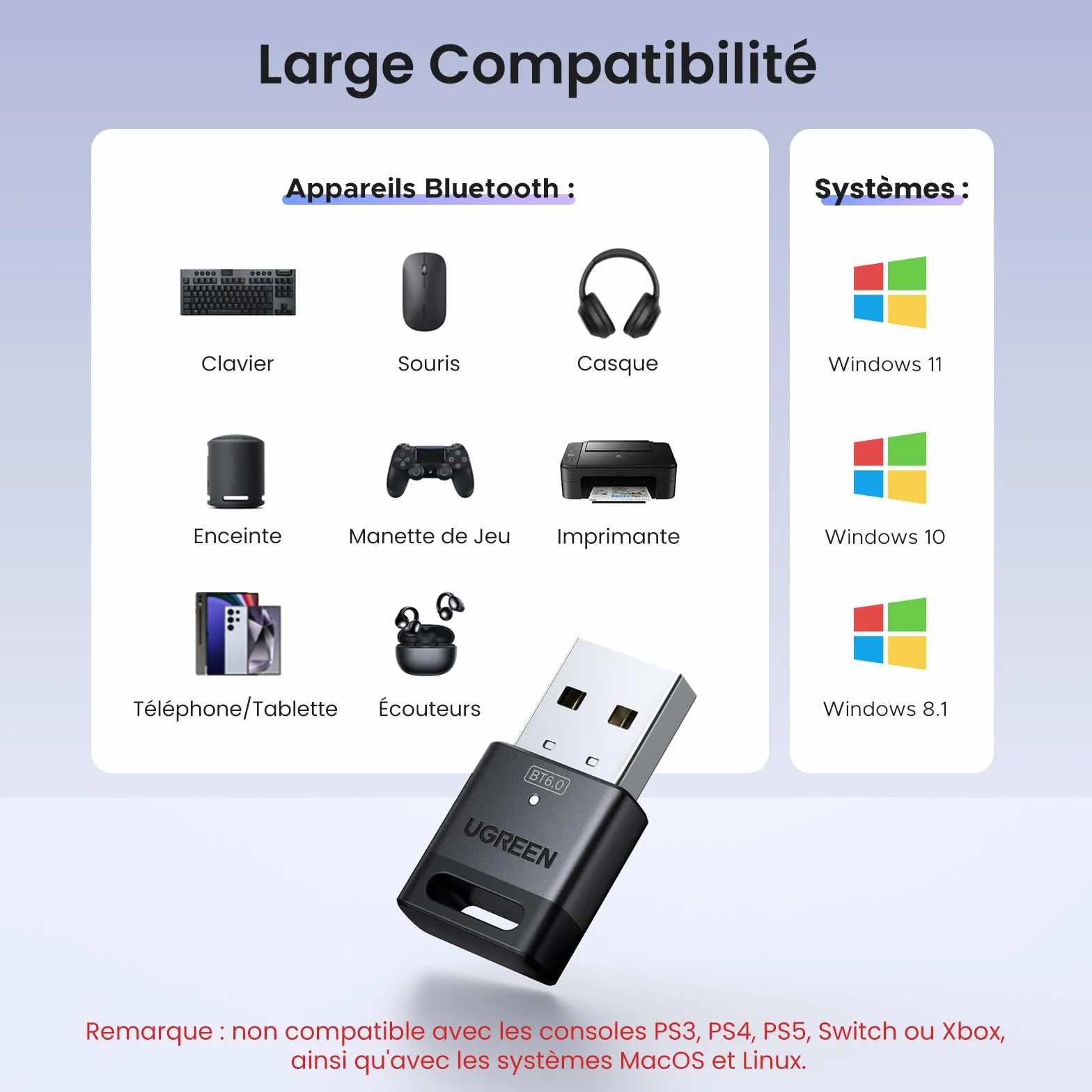 UGREEN Dongle Bluetooth 6.0 Clé USB Adaptateur Faible Latence pour PC Windows 11 10 8.1