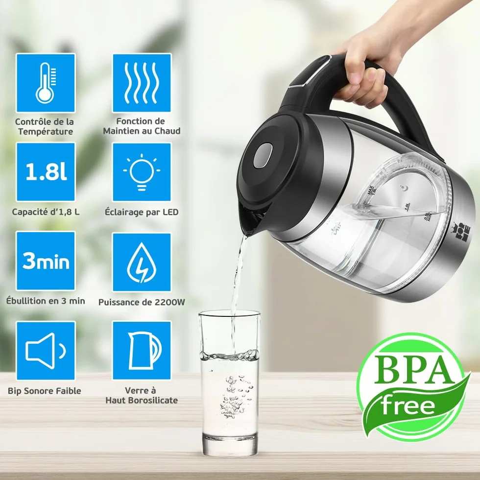 FOR ME Bouilloire Électrique en Verre 1.8L, Contrôle de la Température, Maintien au Chaud, Sans BPA