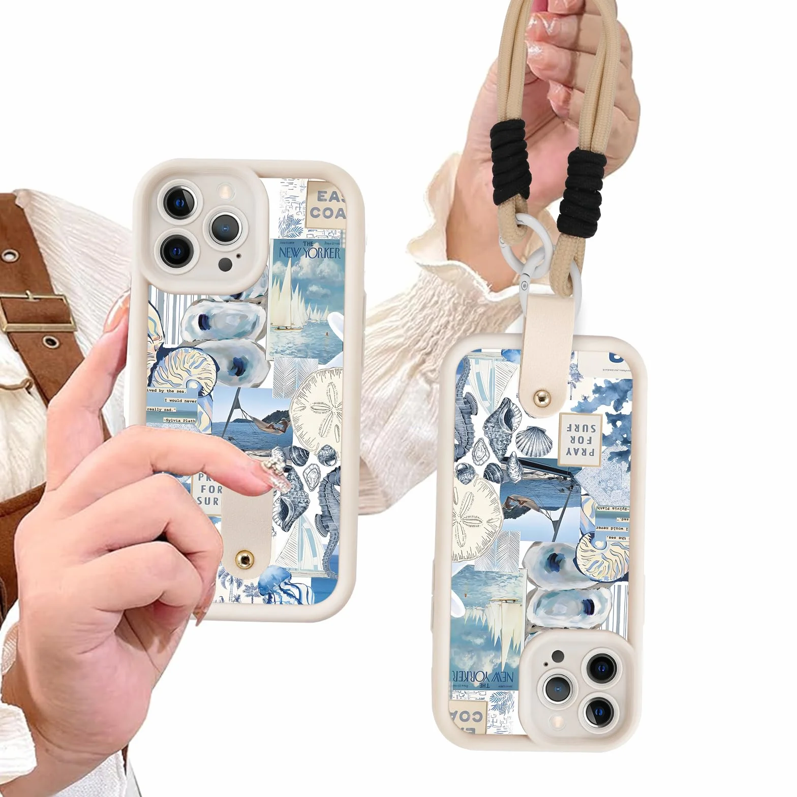 Yoedge Pokrowiec ze smyczą Zegarki dla iPhone 13 Pro Max, Kolaż estetyczne letnie puzzle muszle koralowe rysunki, silikonowe etui z paskiem na ramię naszyjnik dla iPhone 13 Pro Max 6,7"