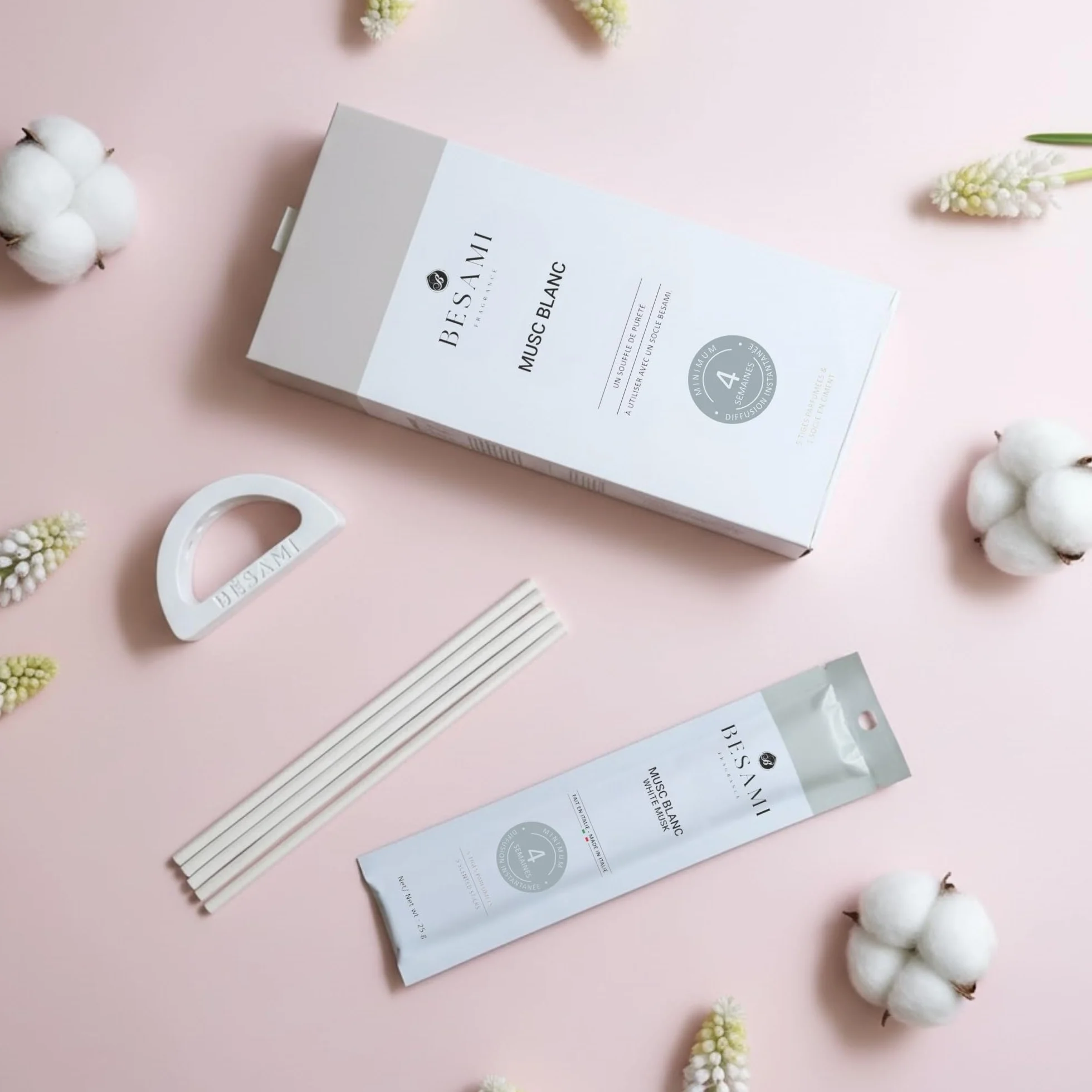 BESAMI Diffuseur Parfum Maison Musc Blanc Bâtonnets Solides Sans Huile ni Alcool 4 Semaines Coffret Cadeau