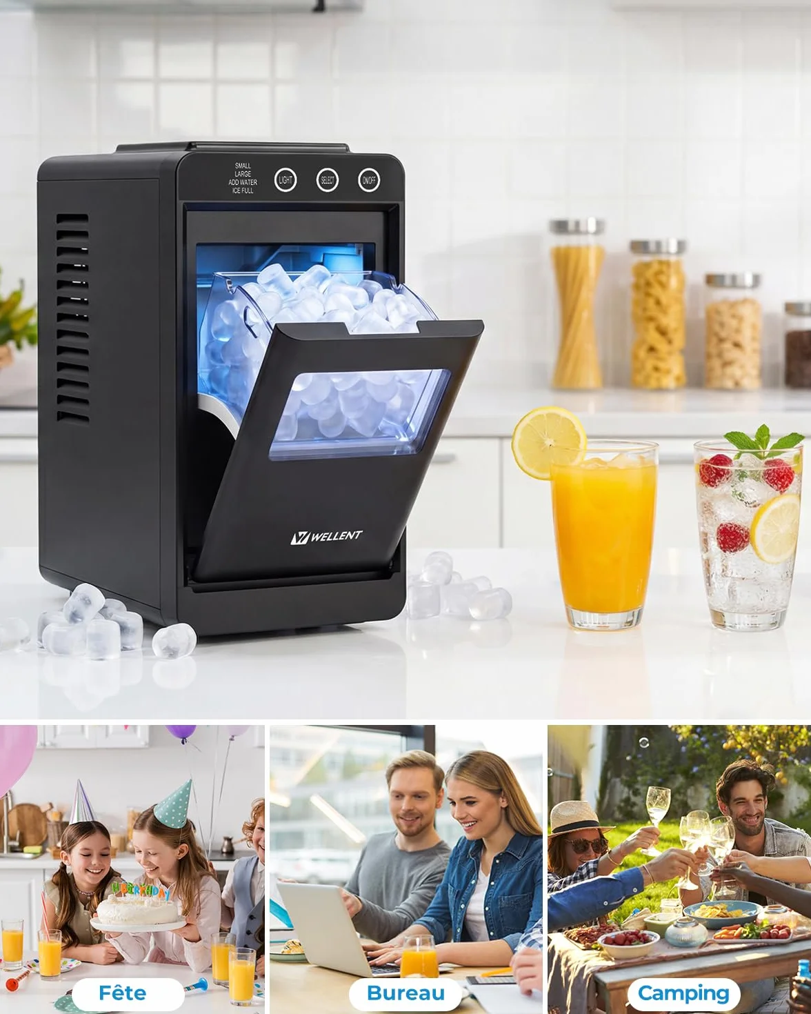 WELLENT Machine à Glaçons Comptoir - Production Rapide 12kg/24h & Glaçons en 6 Min - Design Gain de Place Silencieux - Idéale pour Canicule, Cuisine, Bar et Bureau (Acier Inoxydable)