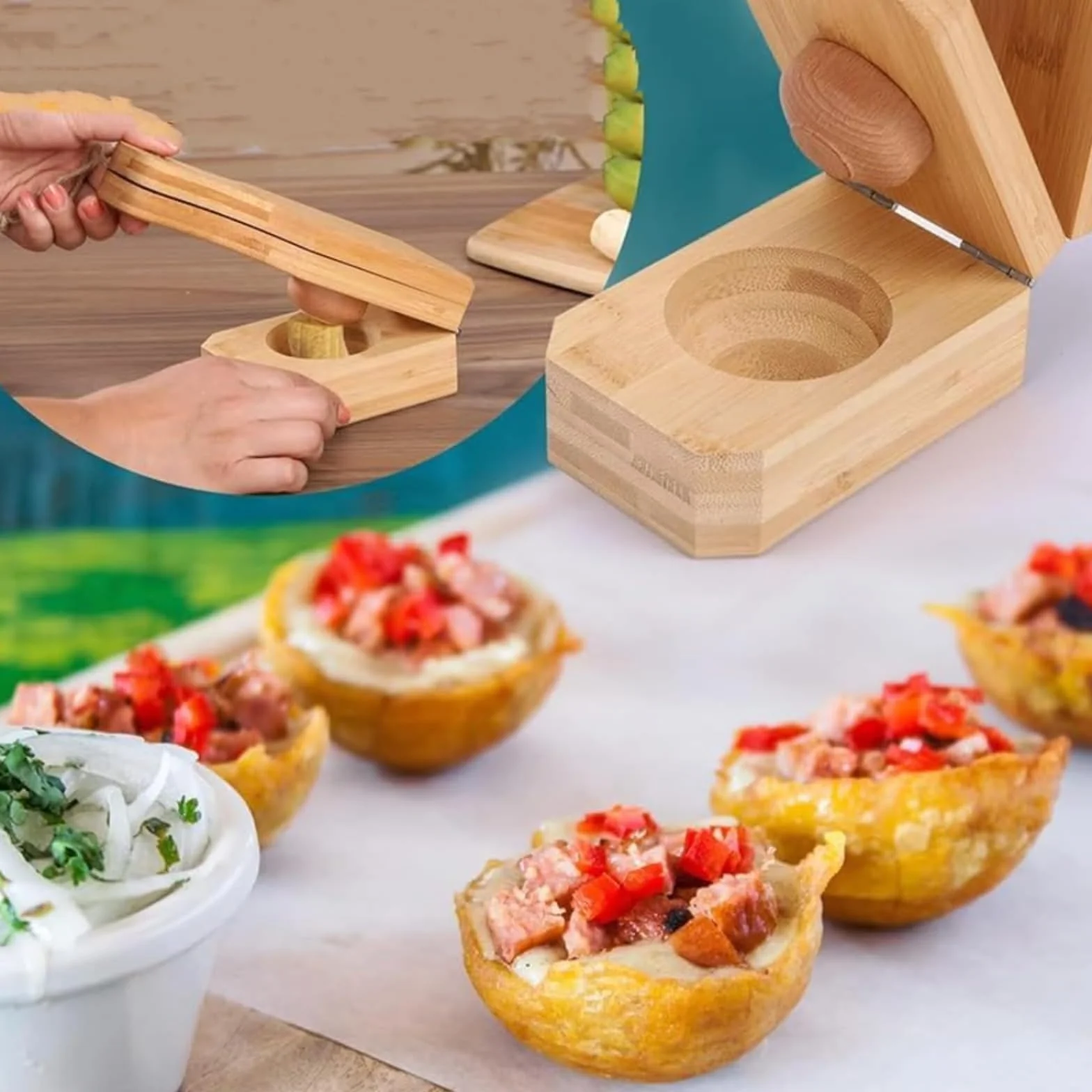 Presse à bananes en bois 2 en 1 pour plantain et chips de banane