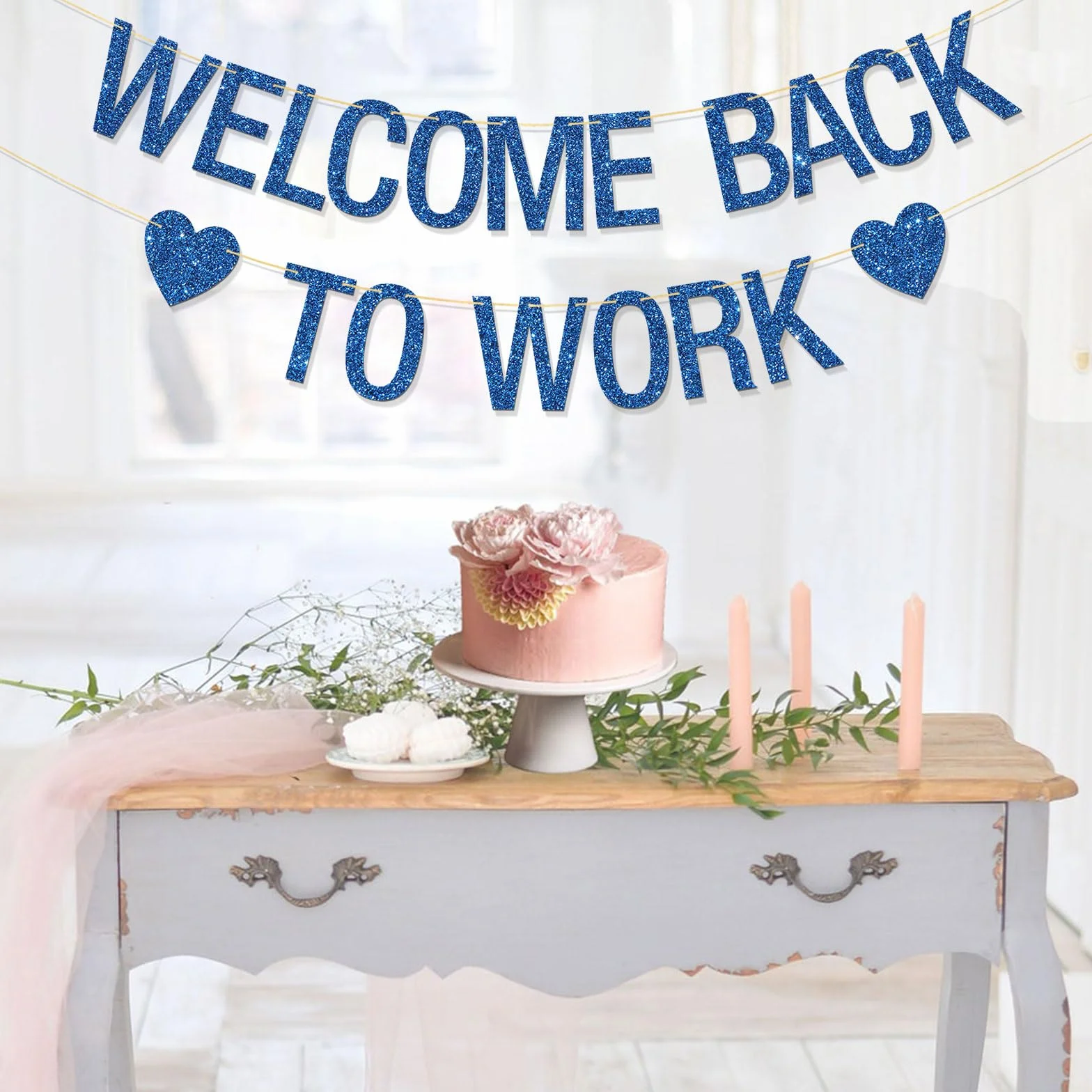 Bannière Welcome Back to Work – Décorations de fête de bureau – Retour au travail – Paillettes bleues