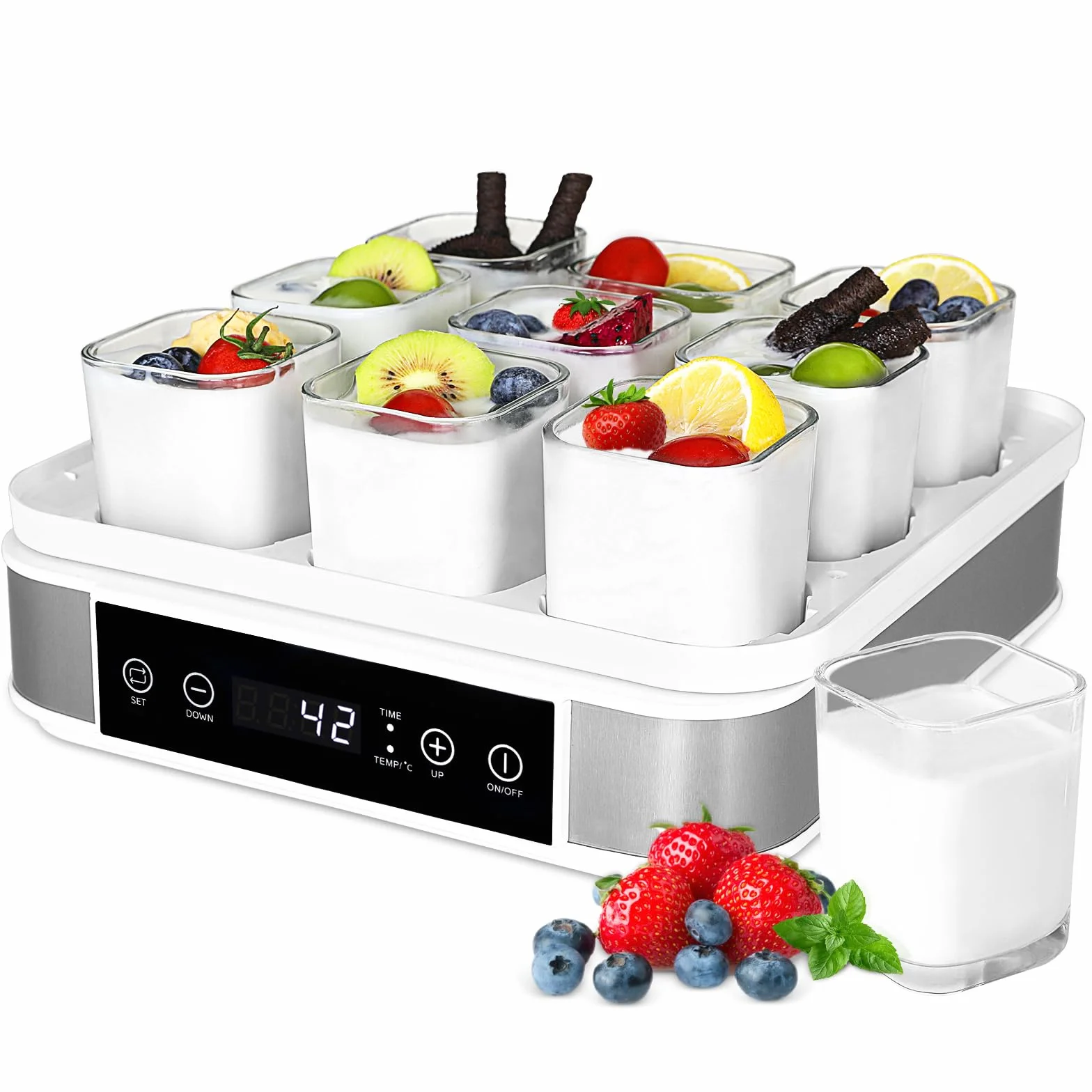 Yaourtière Électrique, Machine à Yaourt, Yaourtière Pratique et Compacte, avec Minuterie, Thermostat Réglable et Écran LED, avec 9 Pots en Verre de 170ml, sans BPA, 40 W