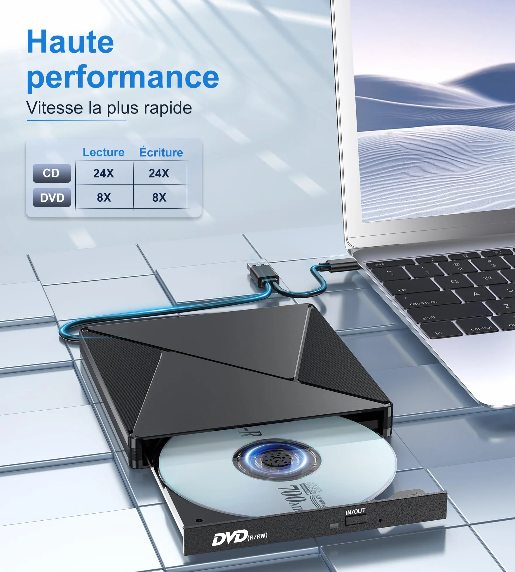 Lecteur CD/DVD Externe USB 3.0 USB-C Graveur DVD Portable -/+RW Drive Mince pour PC Windows MacOS