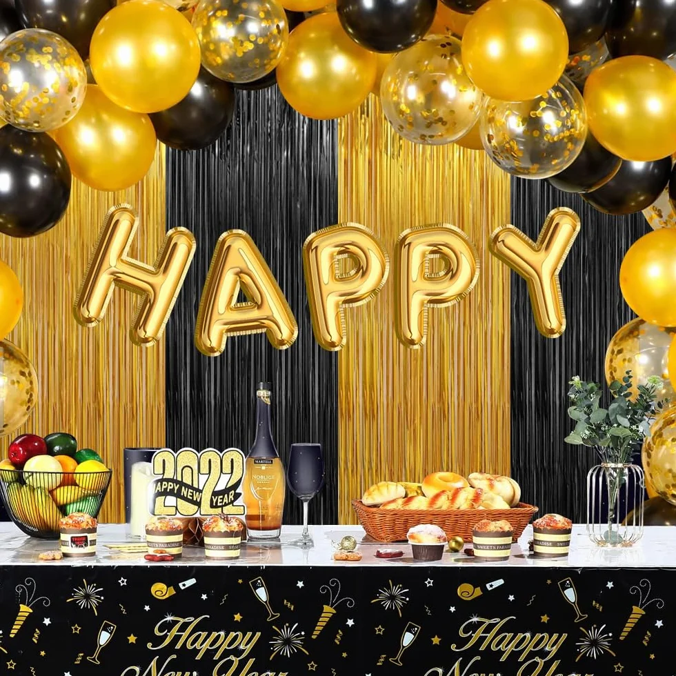 Rideau Frange Anniversaire Noir et Doré 1m x 2m Métallique Brillant Paillette pour Mariage