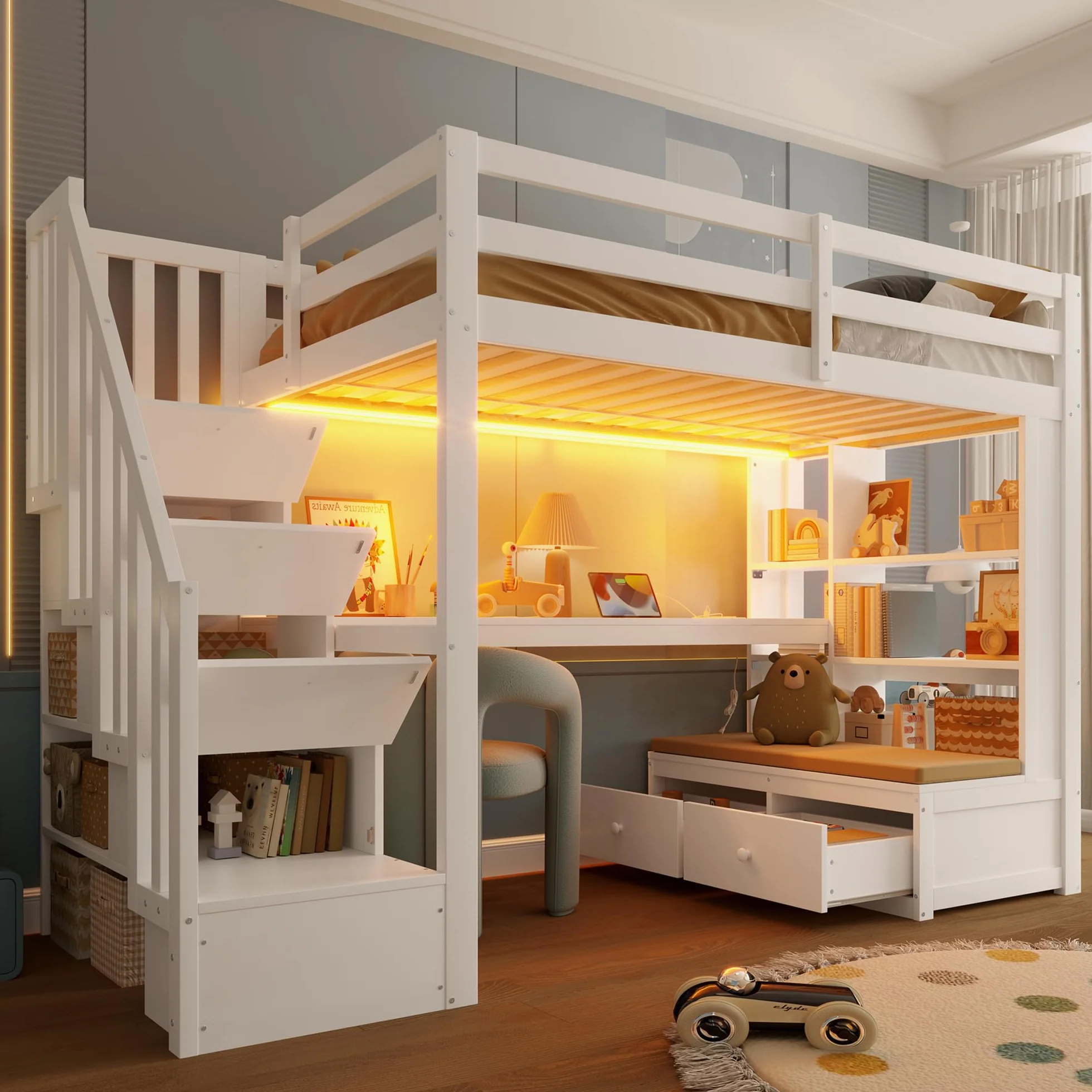 Sapgaks Lit Superposé Enfant 90x200 avec Bureau et étagères, Lit Cabane Enfants 90x200 avec Escalier de Rangement et 2 Tiroirs Intégrés, Lit Mezzanine 1 Place avec Barriere en Bois, Blanc