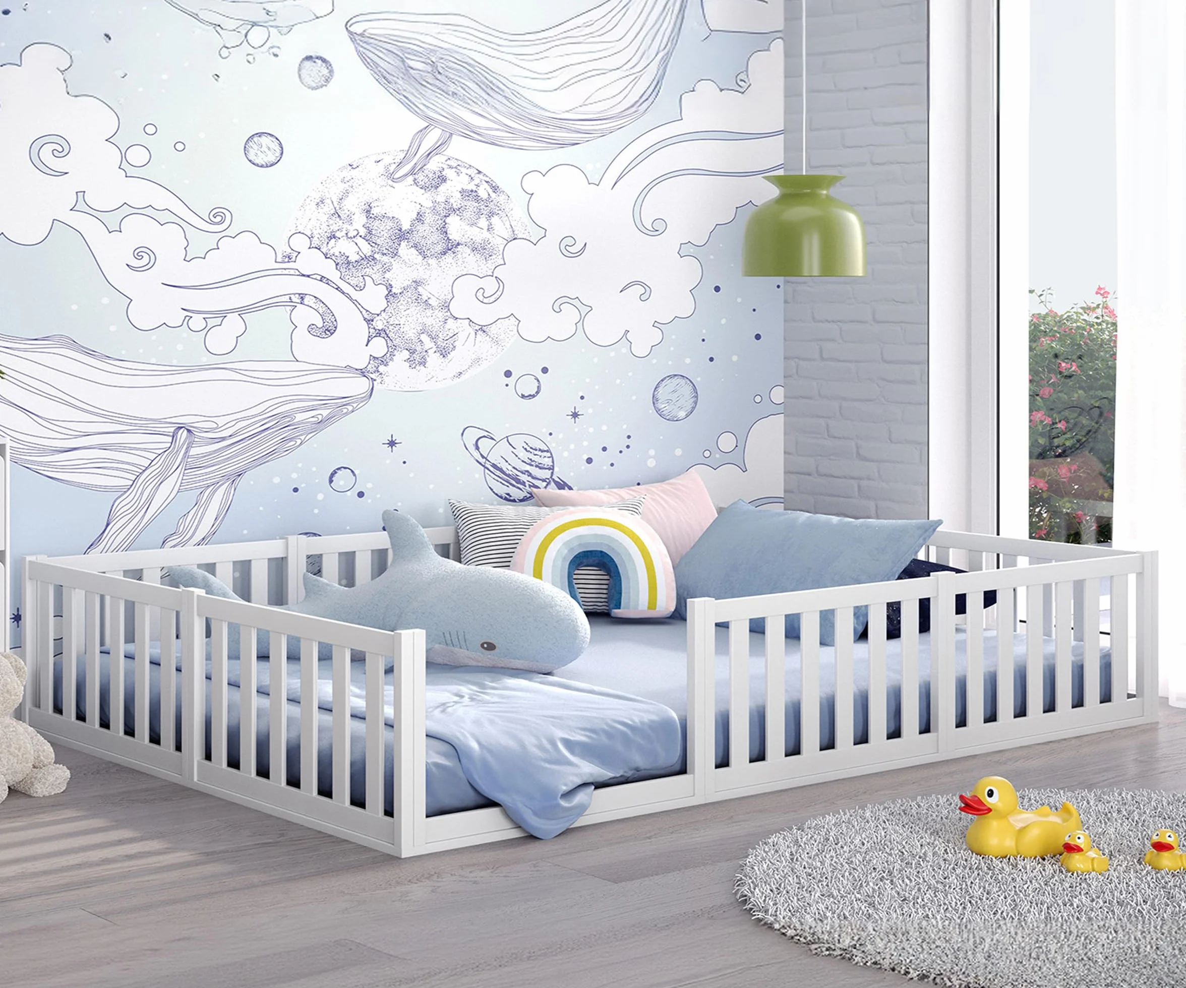 CADANI Lit Montessori TESO 140x200 – Charge 200 kg, entrée modulable, sommier Enroulable, lit-Familial Blanc