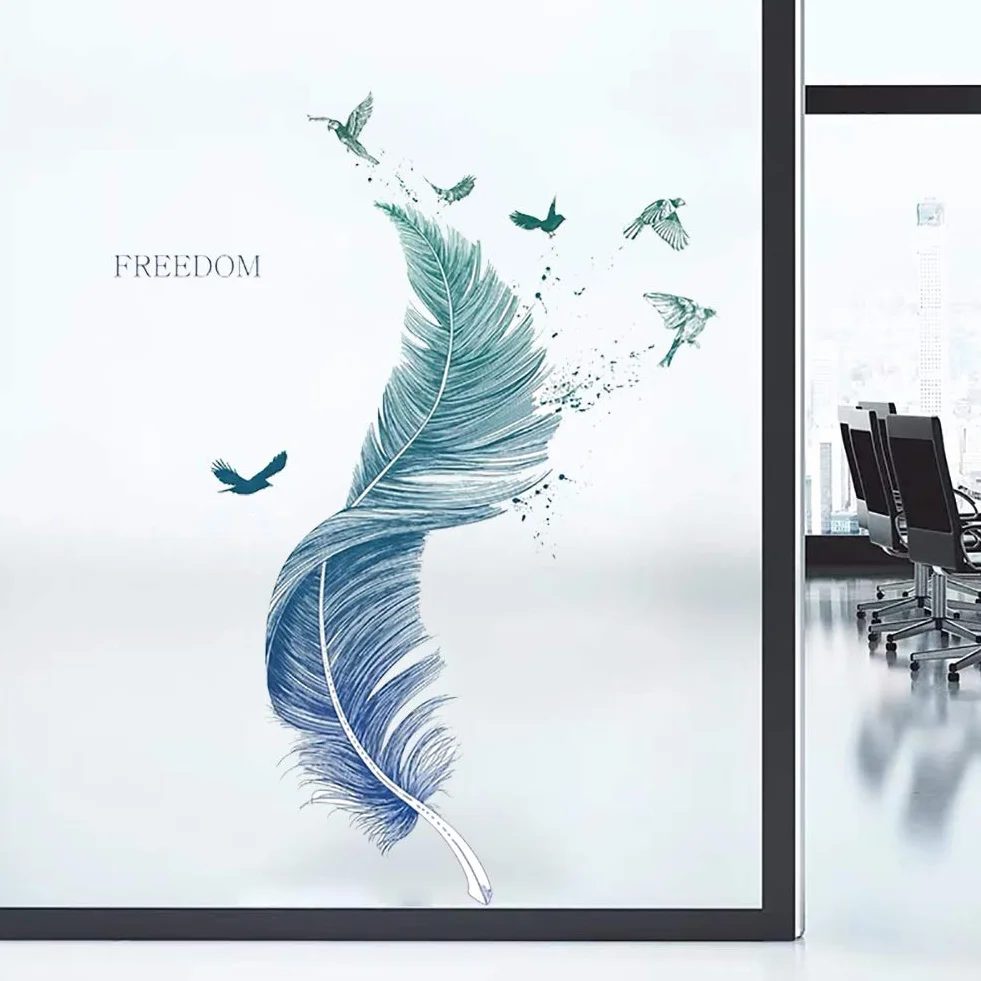 Stickers Muraux Plume Bleu Moderne 124×72 cm Autocollant Mural Décoration Salon Chambre