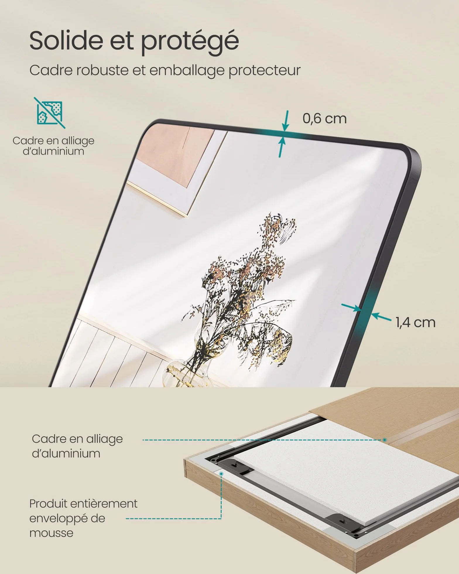 SONGMICS Miroir Intégral 165 x 50 cm Miroir Rectangulaire sur Pied Cadre en Alliage d’Aluminium Verre Trempé Noir d’Encre LFM030B01