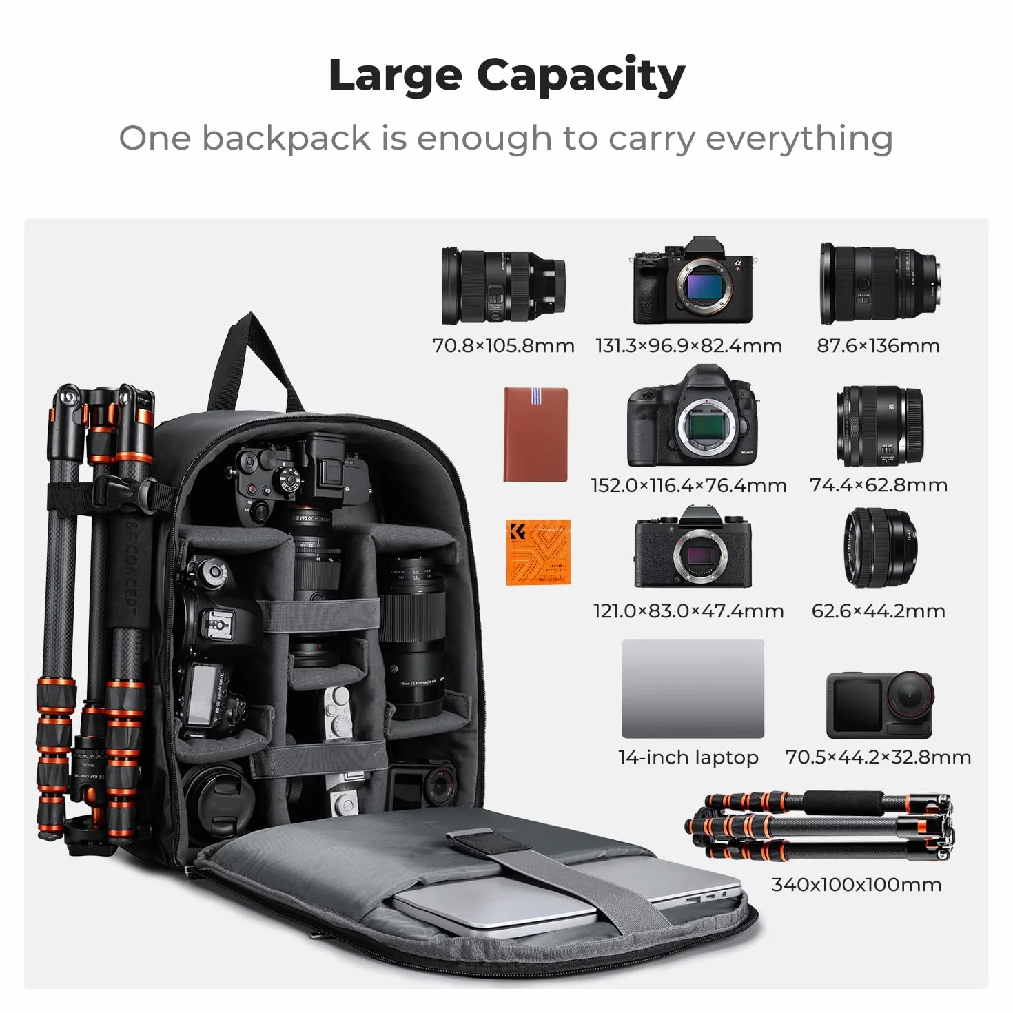 K&F CONCEPT Lekki i wodoodporny plecak na aparat 13 l do profesjonalnych zdjęć, kompatybilny z Sony Canon Nikon, w zestawie przednie kieszenie i uchwyt na statyw