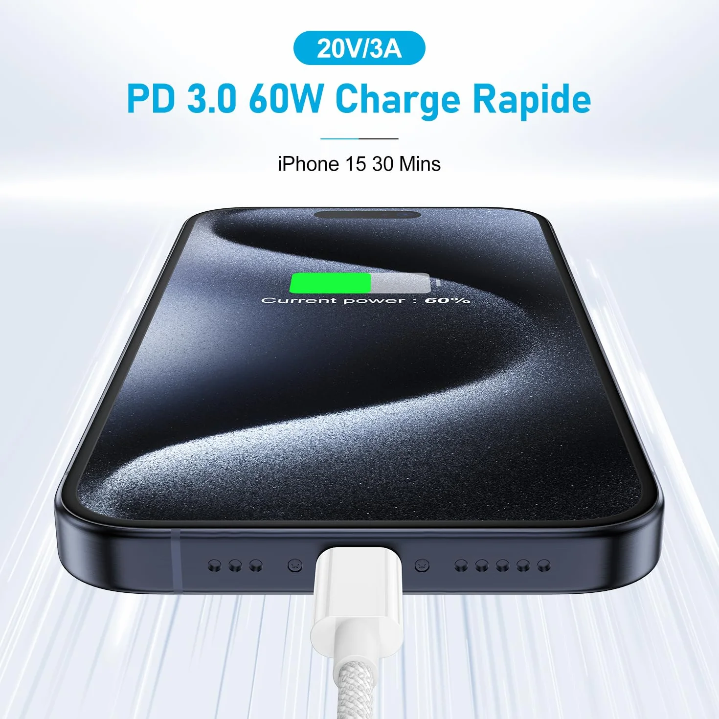Câble USB C vers USB C 2m 60W Charge Rapide pour iPhone 16 15 Pro Max Pro Plus iPad Pro MacBook Air Pro Samsung Galaxy