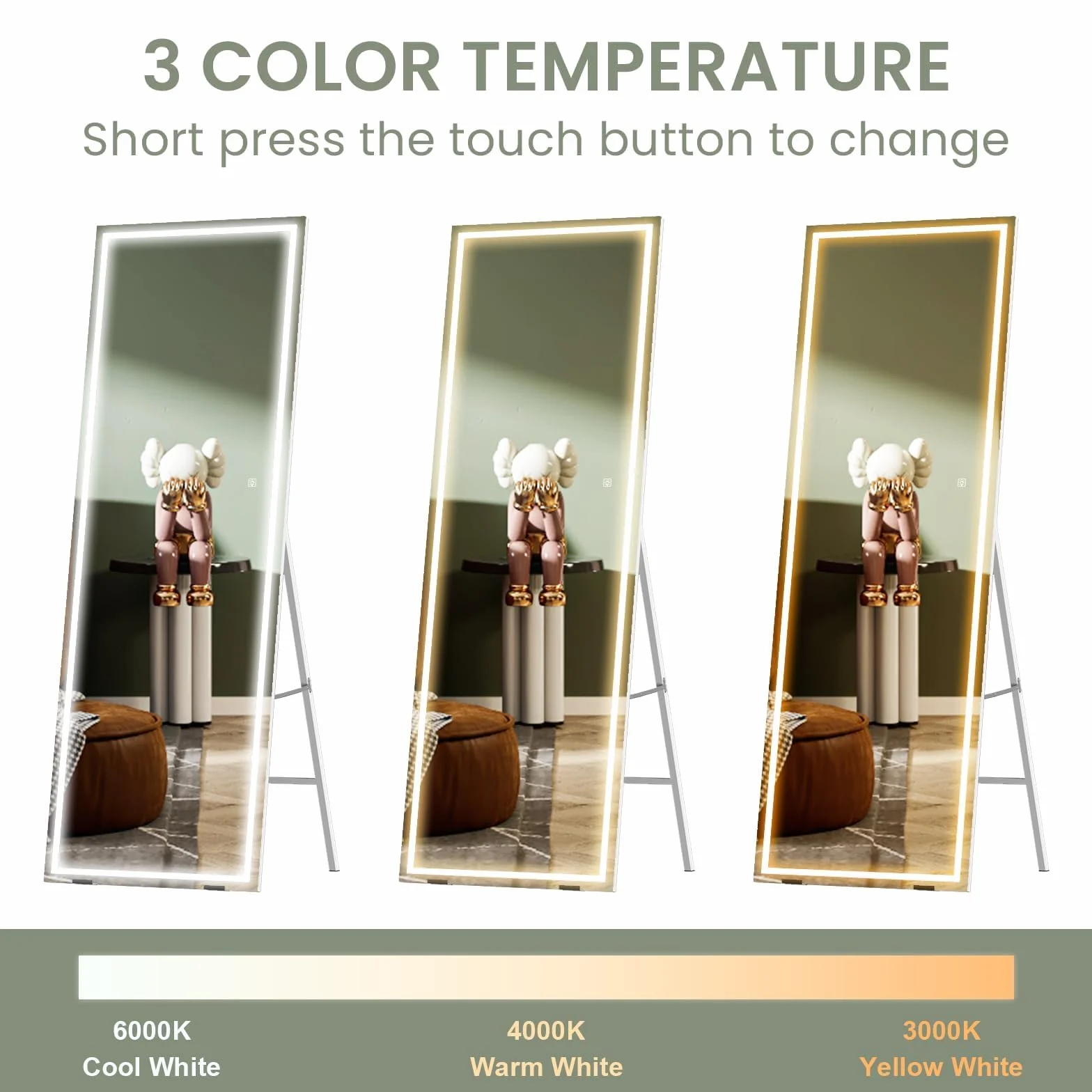 Dripex Miroir sur Pied LED 130X40cm, Miroir Mural avec éclairage, Miroir LED sur Pied, Grand Miroir intégral, 3 Réglables Couleur avec Interrupteur Tactile, pour Chambre à Coucher Salon Blanc