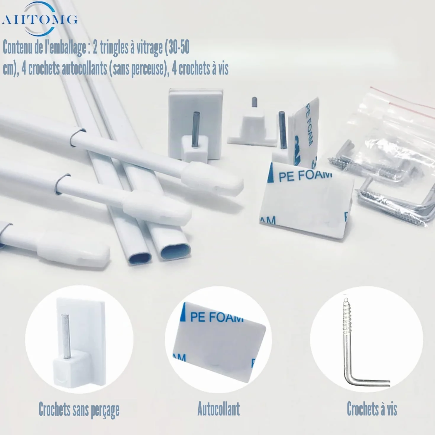 Tringle a Rideaux Extensible Sans Percage Réglable 30-50CM Blanc 2 Pièce