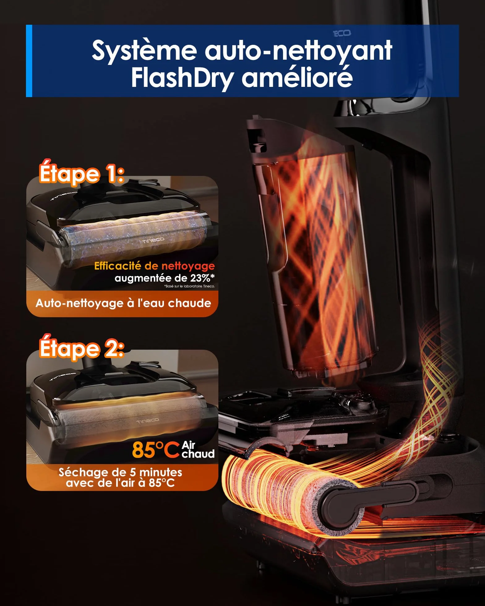 Tineco Floor One S7 Stretch Ultra Aspirateur Laveur Balai sans Fil Anti-emmêlage Plat 180° Autonomie 50 Minutes Auto-Nettoyage Flashdry 85°C