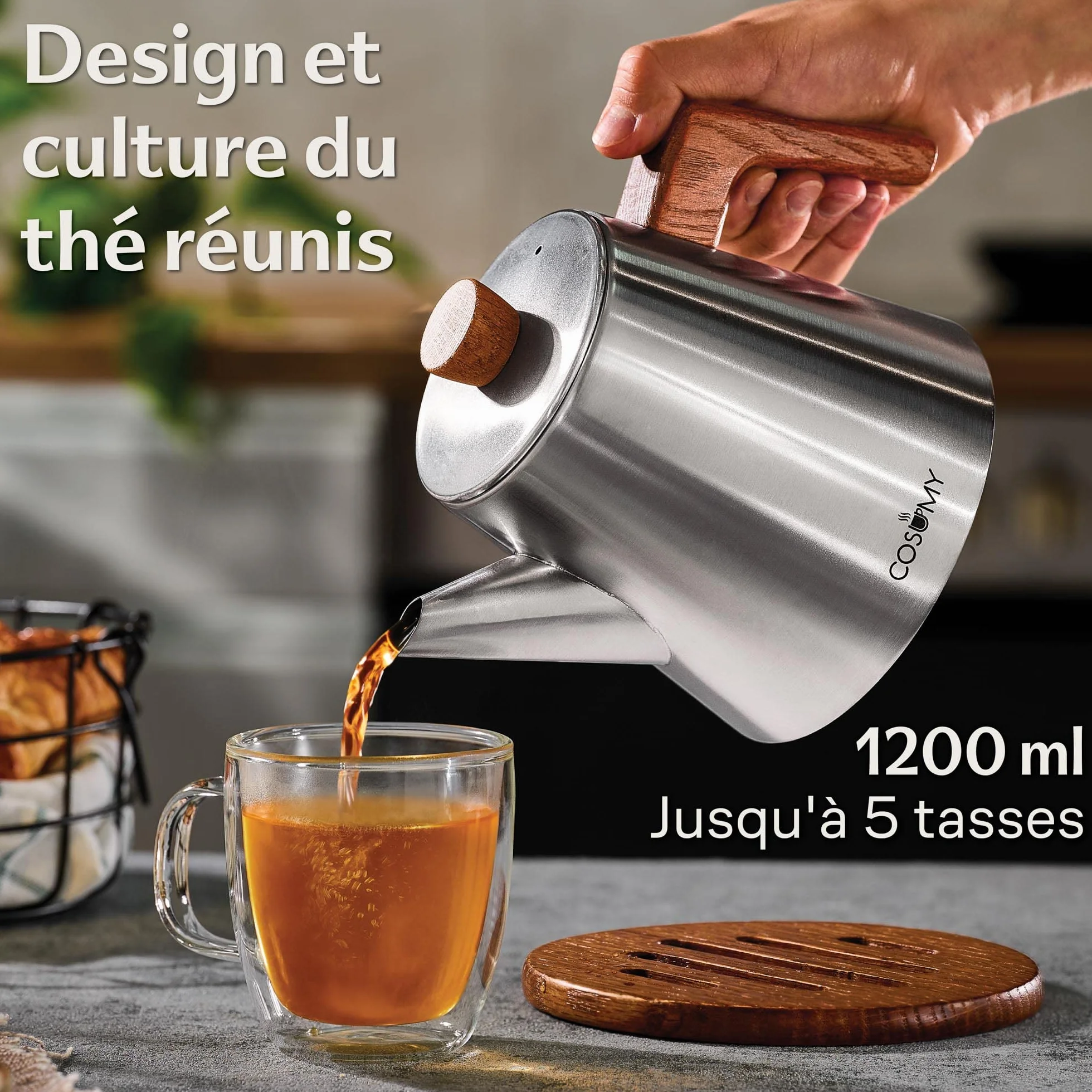 Cosumy Théière avec Filtre et Sous-Verres 1,2 litre - Bouilloire Pour induction et autres plaques de cuisson - Acier Inoxydable et Bois FSC