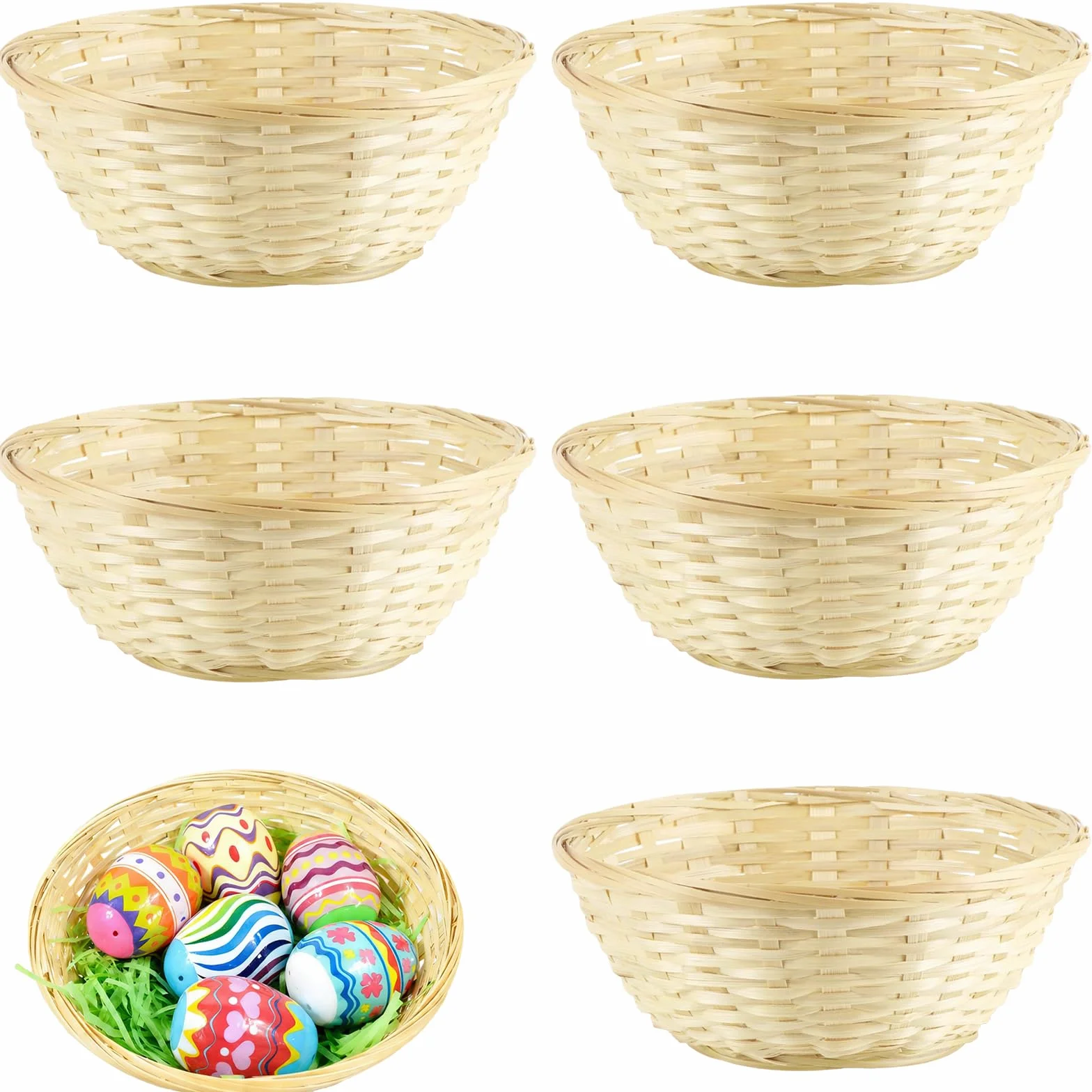 Panier Osier en Bambou Naturel Corbeille de Pâques 5 Pièces Rangement Rond Rustique