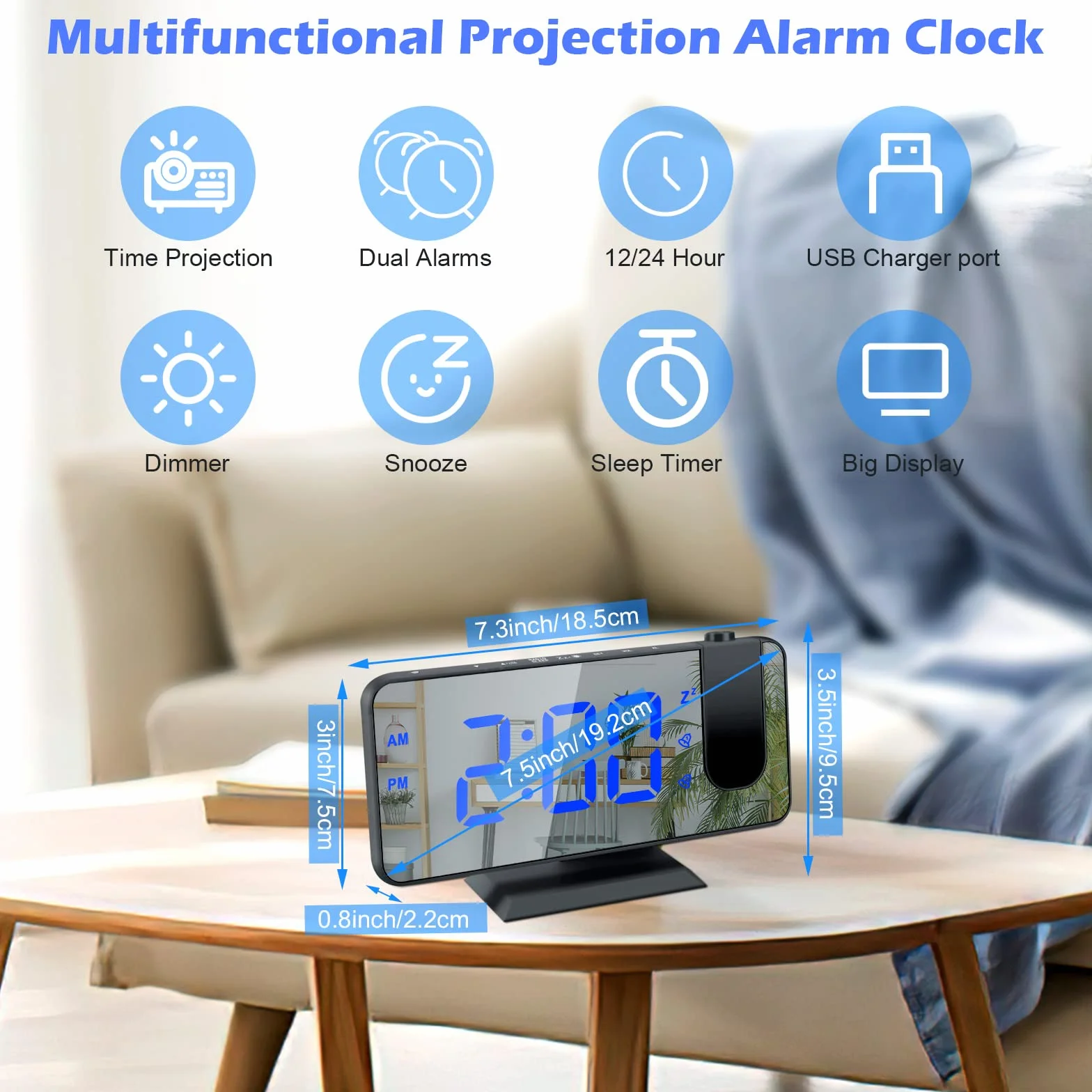 Xakay Réveil Projecteur 180° Plafond, Horloge Numérique LED Miroir 7.3 Pouces, Double Alarme, 12/24H, Snooze, 4 Niveaux Luminosité