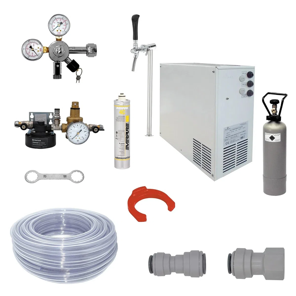 Ensemble complet Blupura : machine à eau gazeuse, distributeur d'eau et carbonateur chaud, pompe en laiton, 1 L, 230 V, acier inoxydable