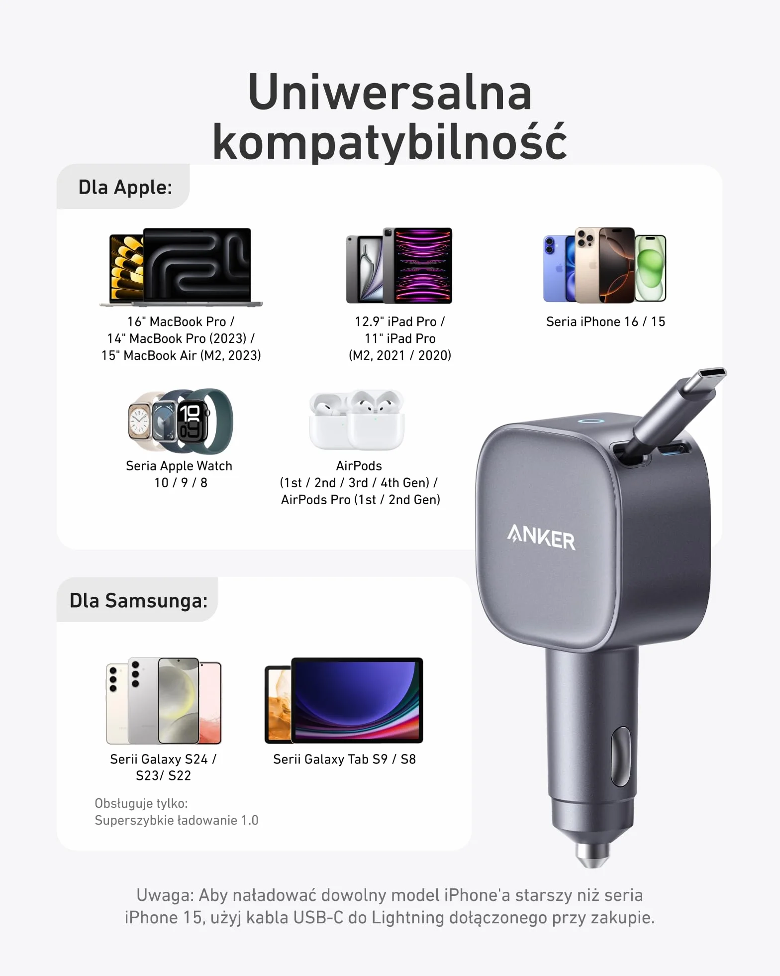 Anker ładowarka samochodowa USB-C 75W, ultrakompaktowa, z wbudowanym zwijanym kablem, szybkie ładowanie dla iPhone 16/15, MacBook Pro/Air, iPad, Galaxy, AirPods.