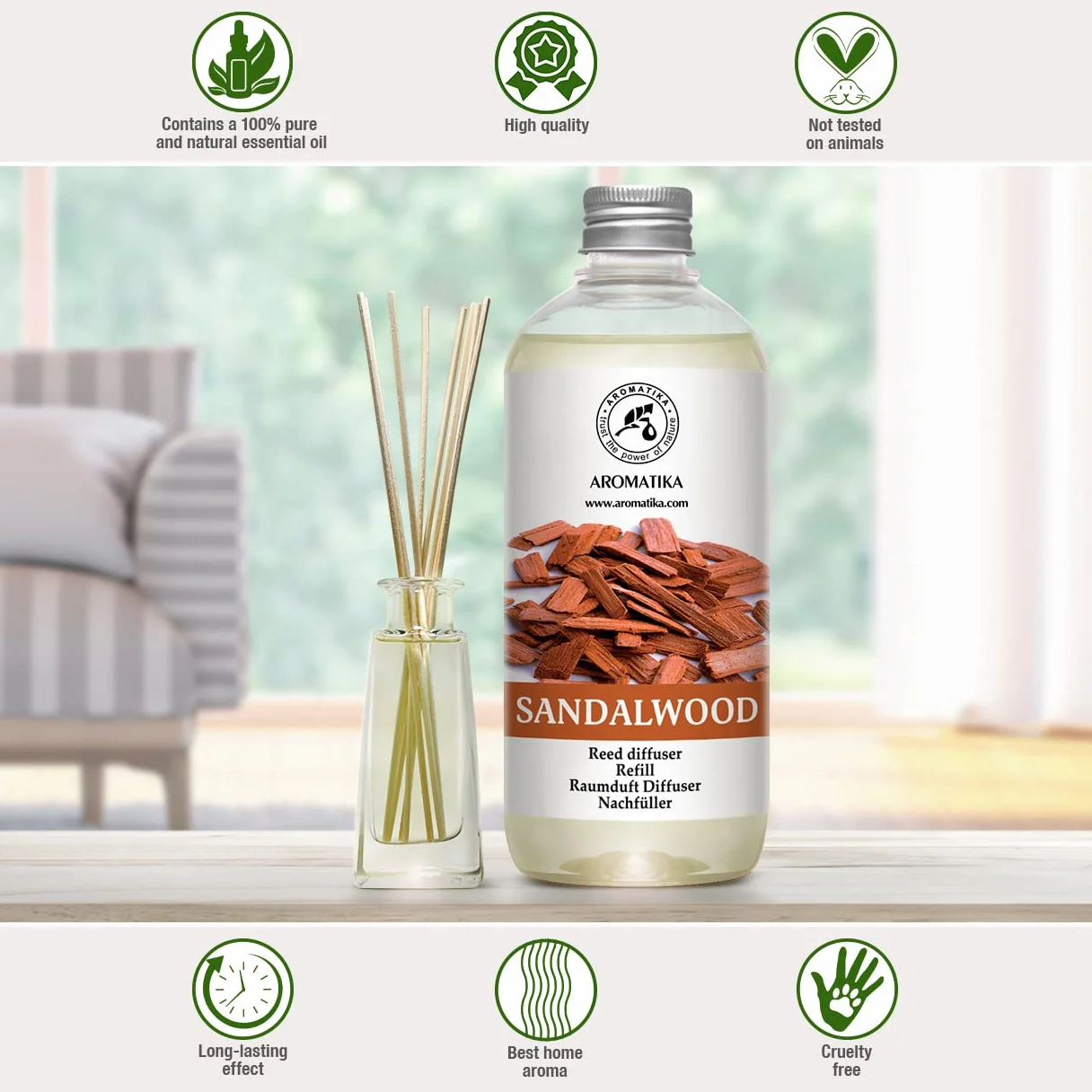 Recharge pour diffuseur d'ambiance santal 500 ml - Parfum d'intérieur désodorisant