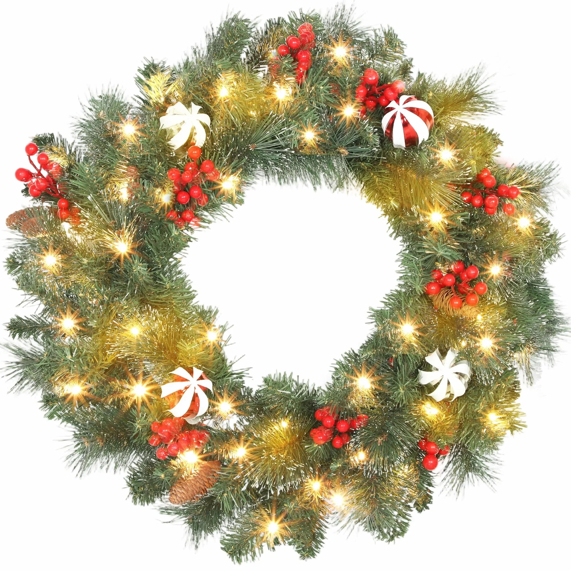HOMCOM Couronne de Noël Lumineuse 60 cm avec 50 LED Blanc Chaud, minuterie, Couronne de Noël de Porte d'entrée, 146 Pointes, Pommes de pin, Baies, Boules décoratives, pour Porte, Mur, cheminée, Vert