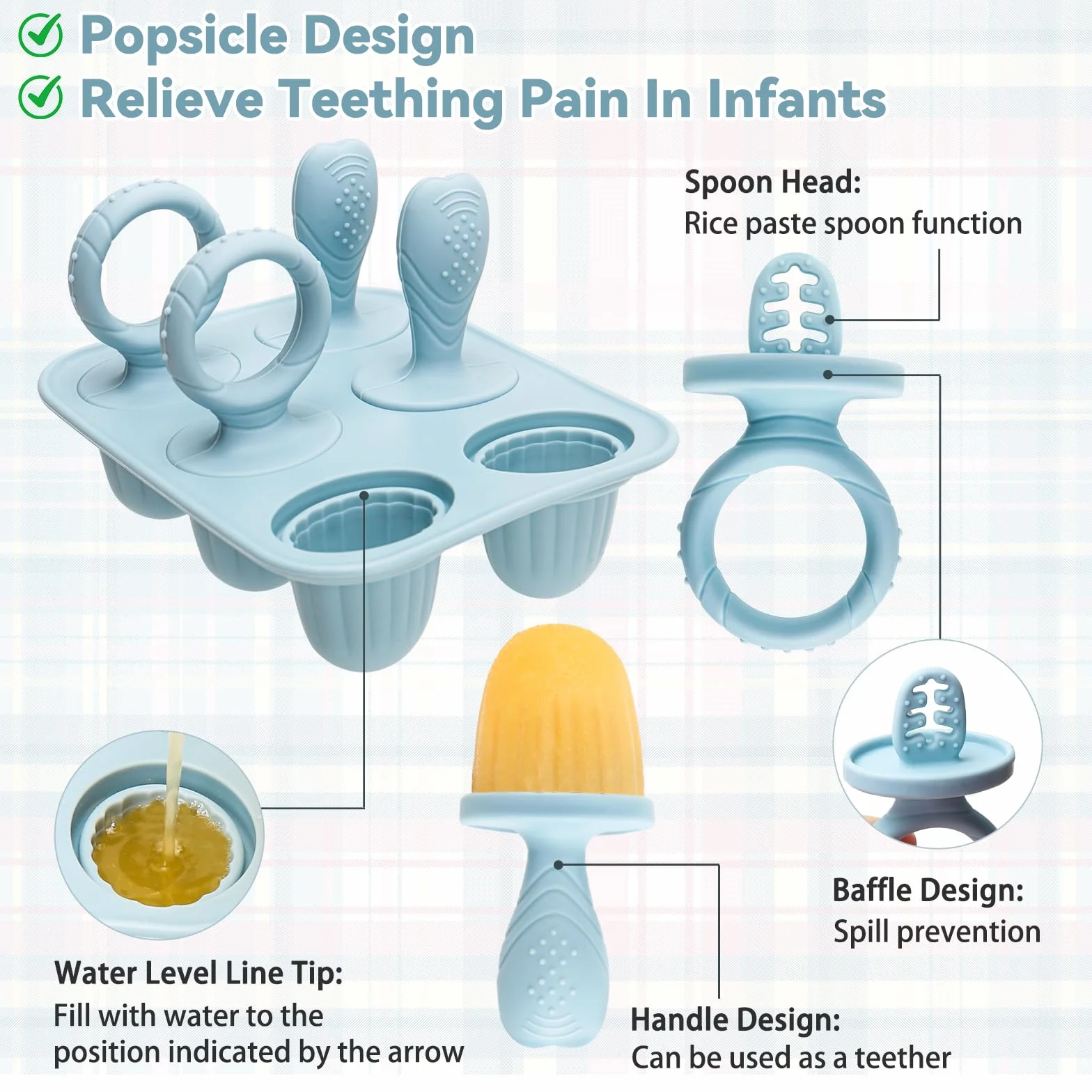 Mini Moule à Glace Bébé Réutilisable 6 Pochons Silicone Alimentaire Sans BPA Popsicle Enfant avec Bâtonnets Compatible Lave-vaisselle Bleu