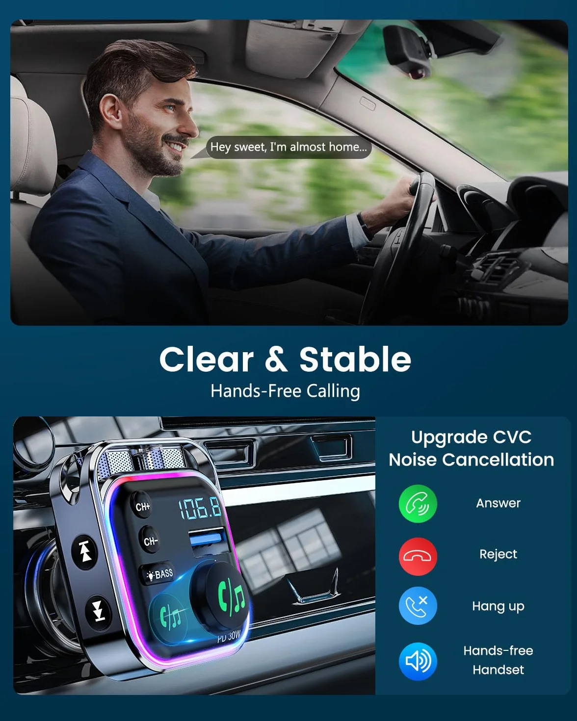 Lencent Bluetooth 5.3 nadajnik FM 48 W (PD30W i QC18W) szybka ładowarka, włącznik światła, dźwięk Hi-Fi bas, odtwarzacz muzyki, obsługa
