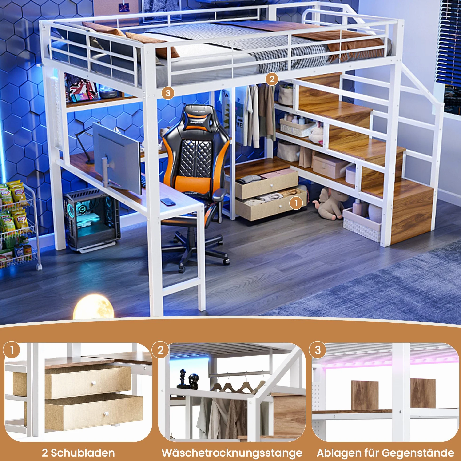 Lit Mezzanine Enfant 140x200 cm - Lit Enfant 1 Place avec Bande LED, Rangement, Cadre en Fer, 2 Tiroirs, Grille De Suspension, Bureau, Escalier avec Rangement, Blanc (sans Matelas)
