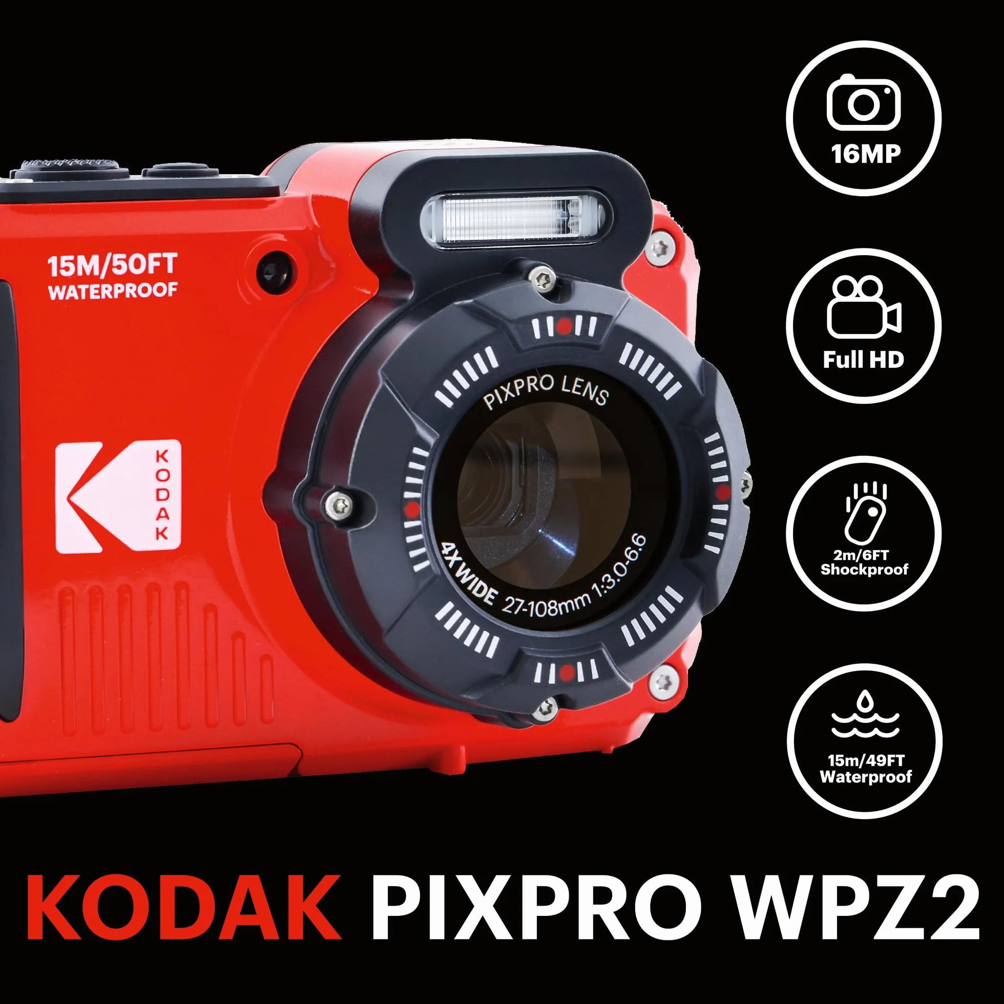 KODAK Pixpro Pack WPZ2 + 2 baterie + 1 karta SD, kompaktowy aparat cyfrowy 16 m pikseli, wodoodporny do 15 m, odporny na wstrząsy, wideo 720p, ekran LCD 2,7 - bateria litowo-jonowa - czerwony