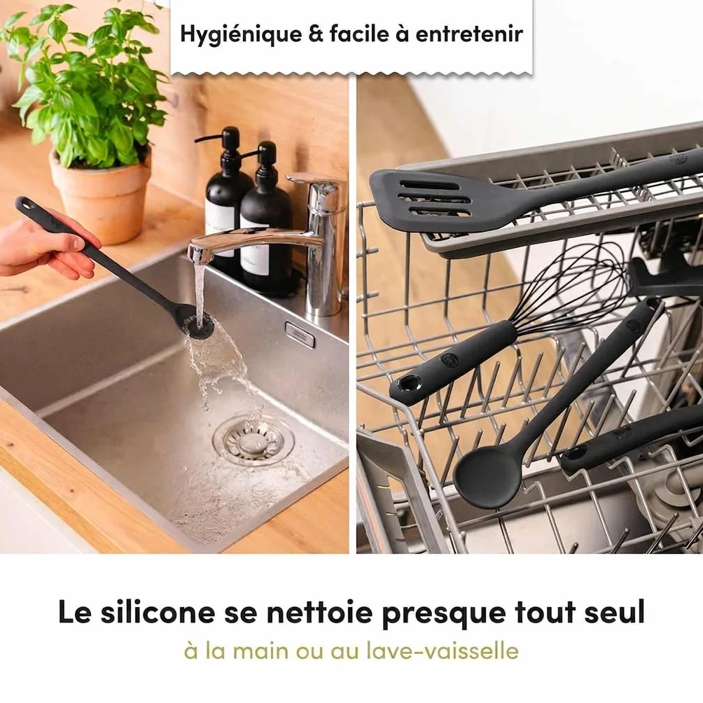 Hoffmann Set Ustensiles de Cuisine 5 Pièces, Anthracite, Silicone Âme Inox, Fouet, Spatule, Cuillère, Louche avec Support, Lave-Vaisselle, Résistant Chaleur, Antiadhésif