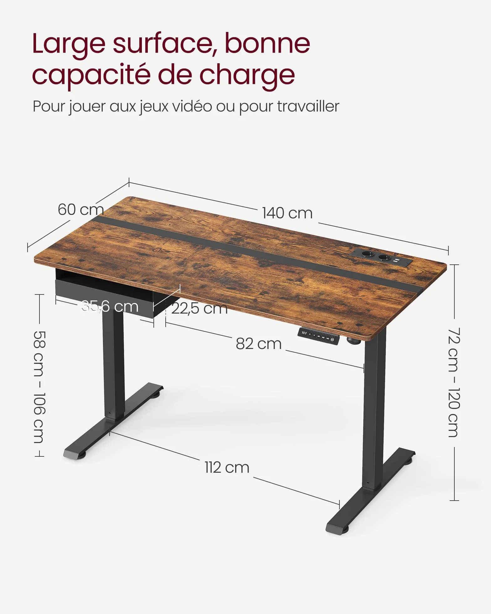 VASAGLE Bureau Électrique RÉglable en Hauteur, Bureau Assis-debout, Surface 60 x 140 cm, RÉglable en Continu, Fonction MÉmoire de 4 Hauteurs, Marron Rustique et Noir LSD114X01