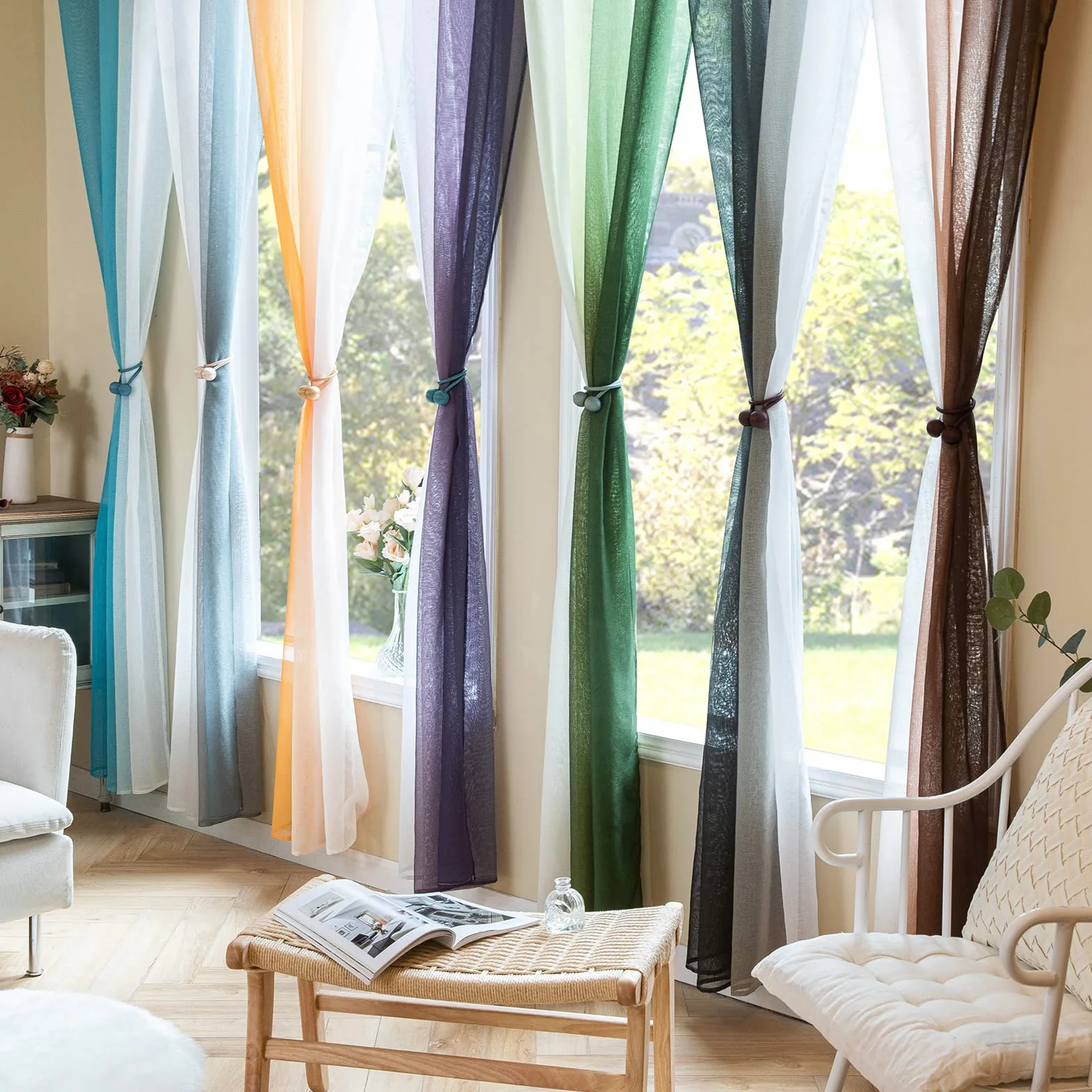 MIULEE Lot de 2 Rideaux Dégradé à Oeillet Voilage Polyester Transparent pour Fenêtre Salon Chambre Blanc Olive 140x245 CM