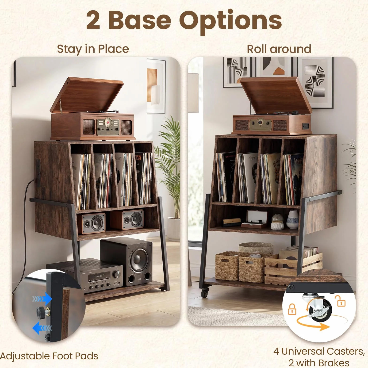 KOMFOTTEU Meuble Platine Vinyle avec Roulette, Support de Tourne-Disque, Compartiments & Étagère inférieure, Meuble Tourne-Disque, 54 x 57 x 76,5 cm (Marron, avec Station de Recharge)