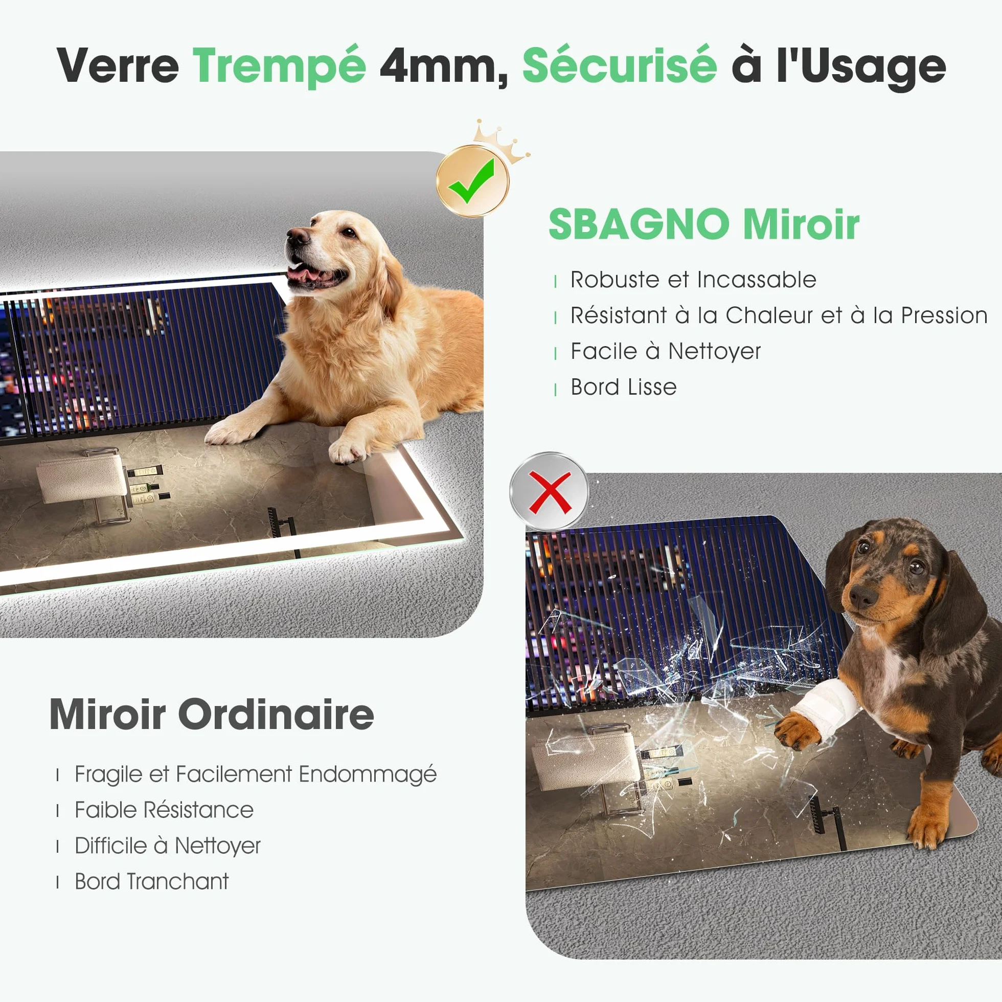 S'bagno Bluetooth-Miroir-Salle-de-Bain-avec-Eclairage-120x70cm, Miroir-LED-Salle-de-Bain Anti-buée, 3000K-6500K, Dimmable, Mémoire, Verre trempé HD, IP44-Miroir-Salle-de-Bain-Led, Horizontal/Vertical