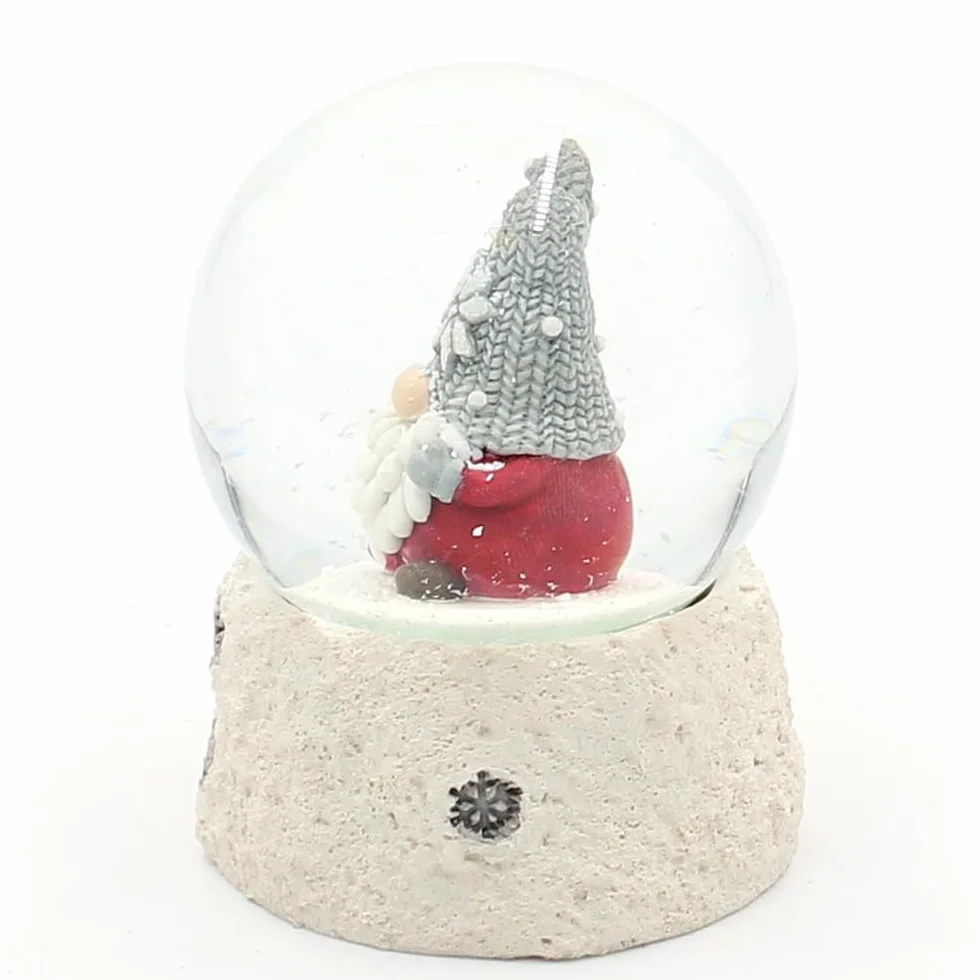 Boule à Neige Lutin de Noël avec Bonnet Gris sur Socle Blanc, L/l/H/Ø 6,5 x 6,5 x 8,8 cm, Ø 6,5 cm