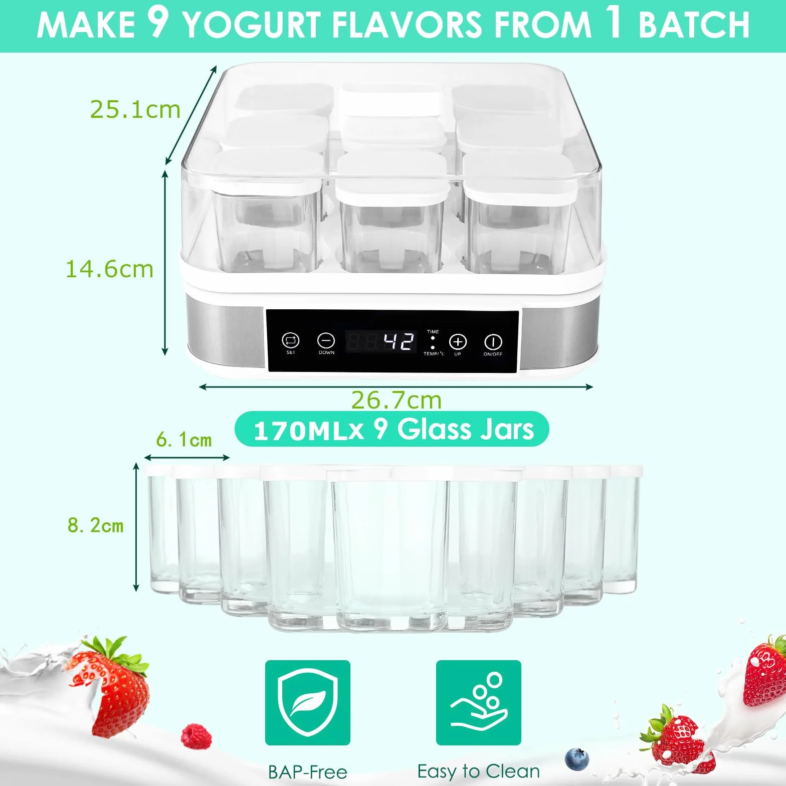 Yaourtière Électrique, Machine à Yaourt, Yaourtière Pratique et Compacte, avec Minuterie, Thermostat Réglable et Écran LED, avec 9 Pots en Verre de 170ml, sans BPA, 40 W